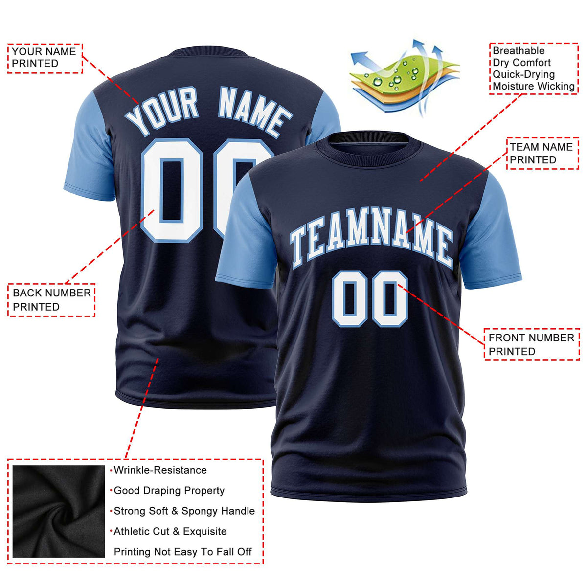 Custom Navy Light Blue White Crew Neck Personalized Raglan Sleeve Performance T-shirt