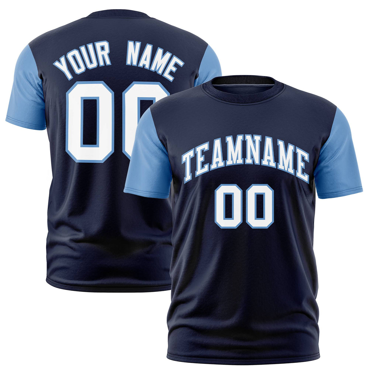 Custom Navy Light Blue White Crew Neck Personalized Raglan Sleeve Performance T-shirt