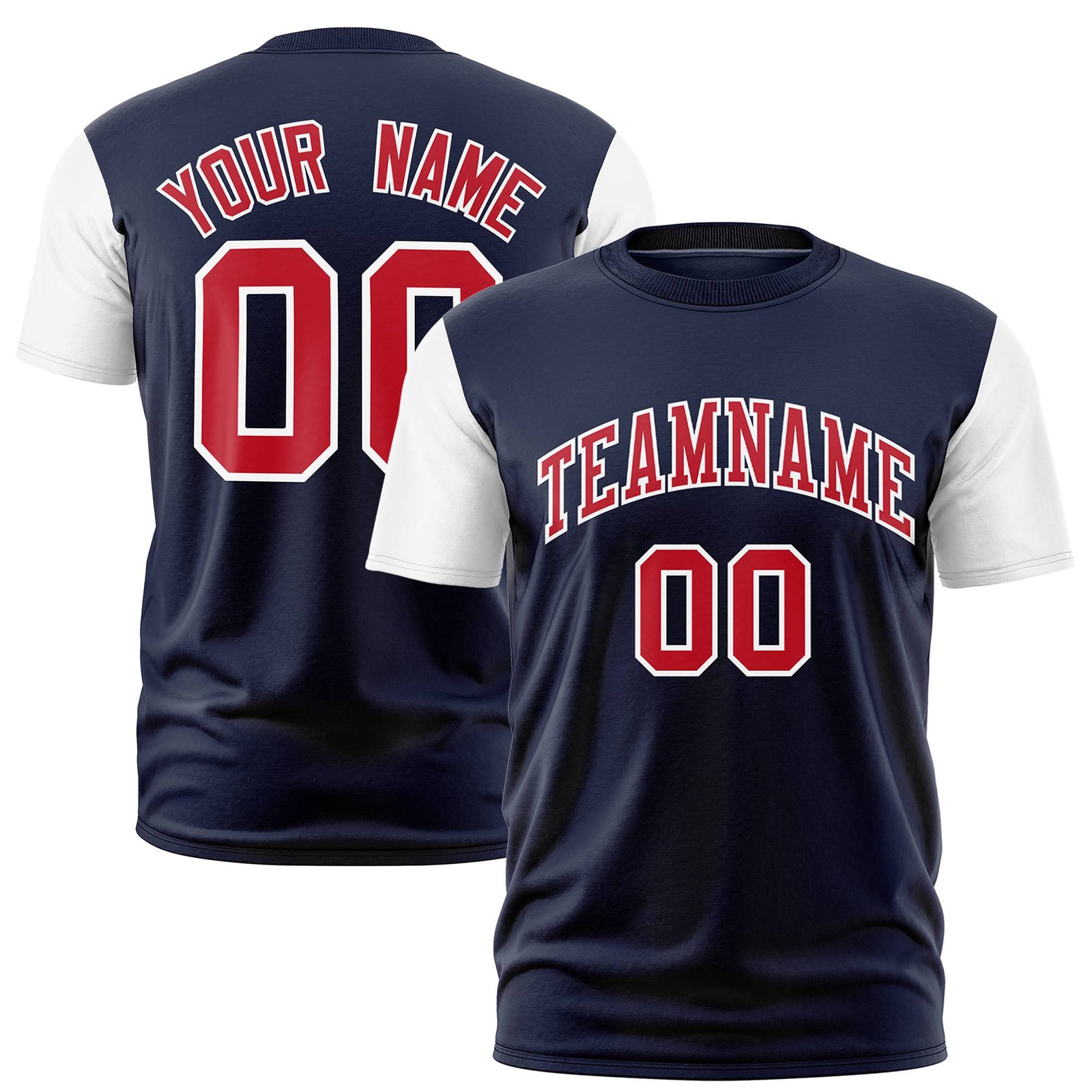 Custom Navy White Red Crew Neck Personalized Raglan Sleeve Performance T-shirt