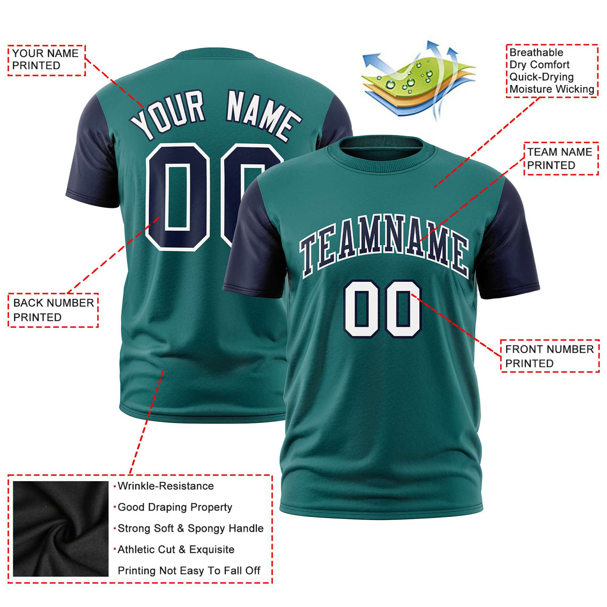 Custom Midnight Green Navy White Crew Neck Personalized Raglan Sleeve Performance T-shirt