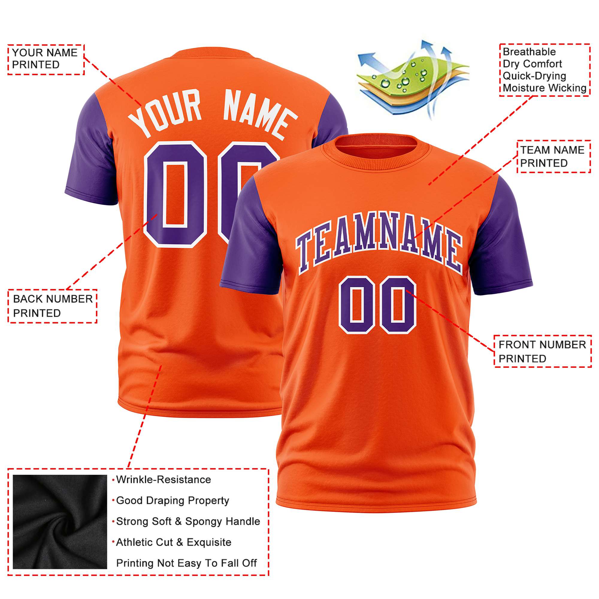 Custom Orange Purple White Crew Neck Personalized Raglan Sleeve Performance T-shirt