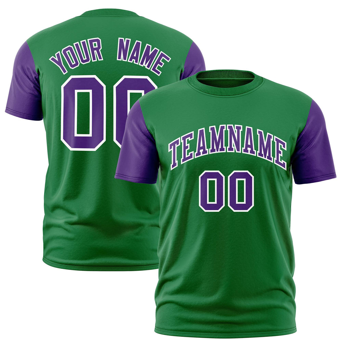 Custom Kelly Green Purple White Crew Neck Personalized Raglan Sleeve Performance T-shirt