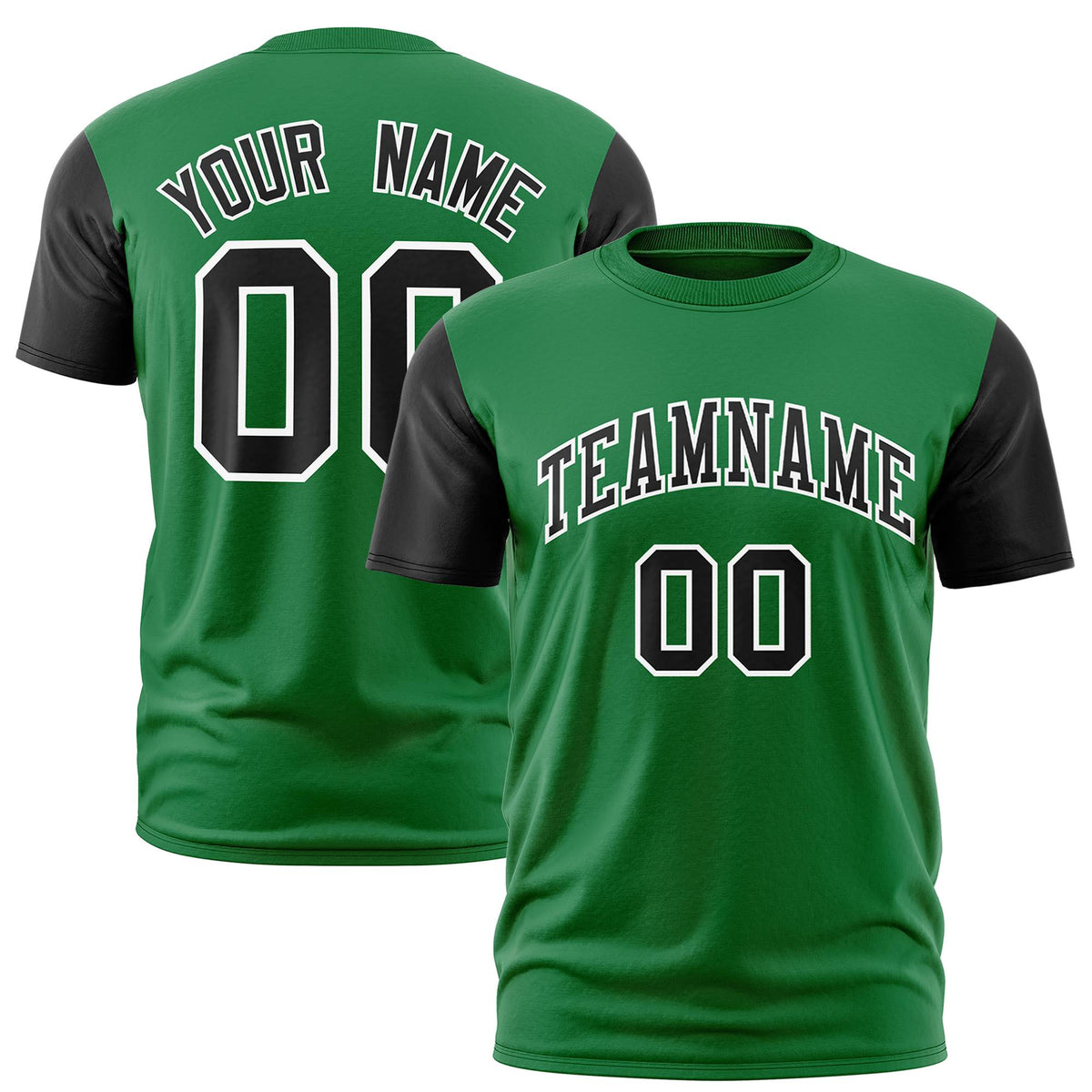 Custom Kelly Green Black White Crew Neck Personalized Raglan Sleeve Performance T-shirt
