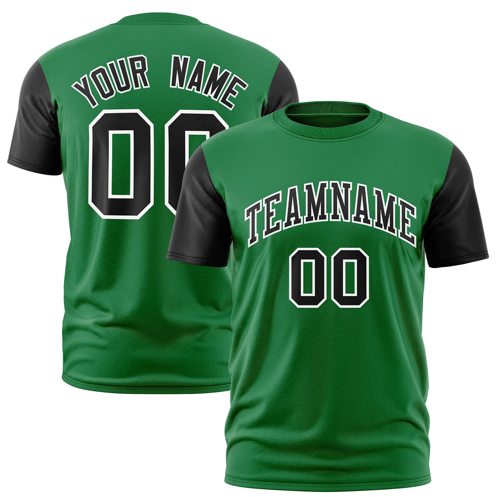 Custom Kelly Green Black White Crew Neck Personalized Raglan Sleeve Performance T-shirt