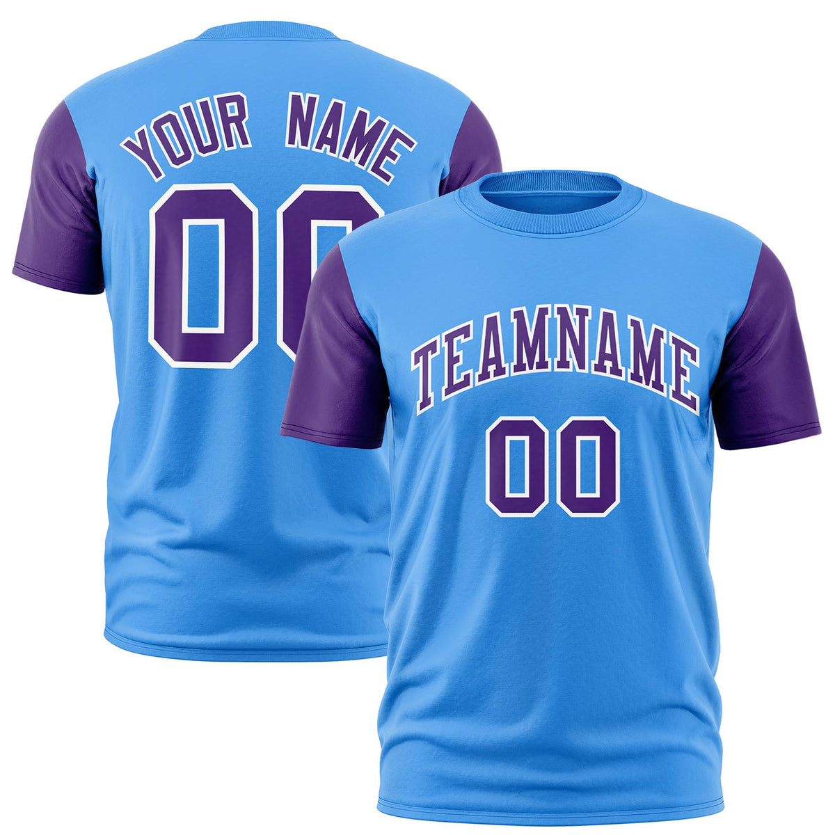 Custom Powder Blue Purple White Crew Neck Personalized Raglan Sleeve Performance T-shirt