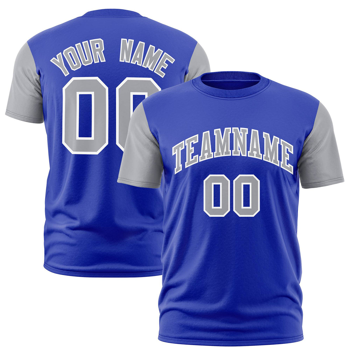 Custom Royal Blue Gray White Crew Neck Personalized Raglan Sleeve Performance T-shirt