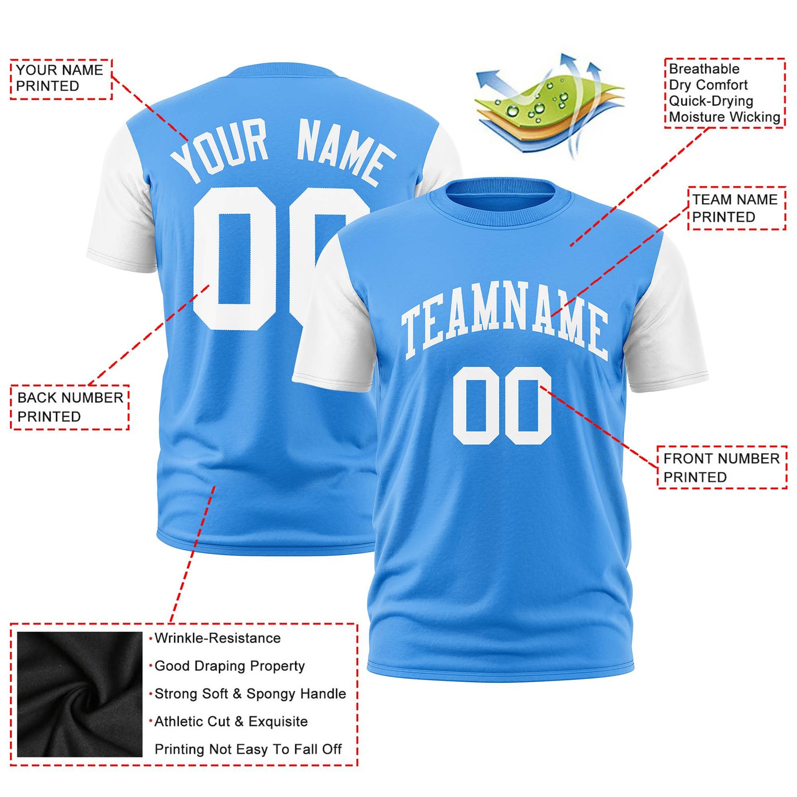 Custom Powder Blue White Crew Neck Personalized Raglan Sleeve Performance T-shirt