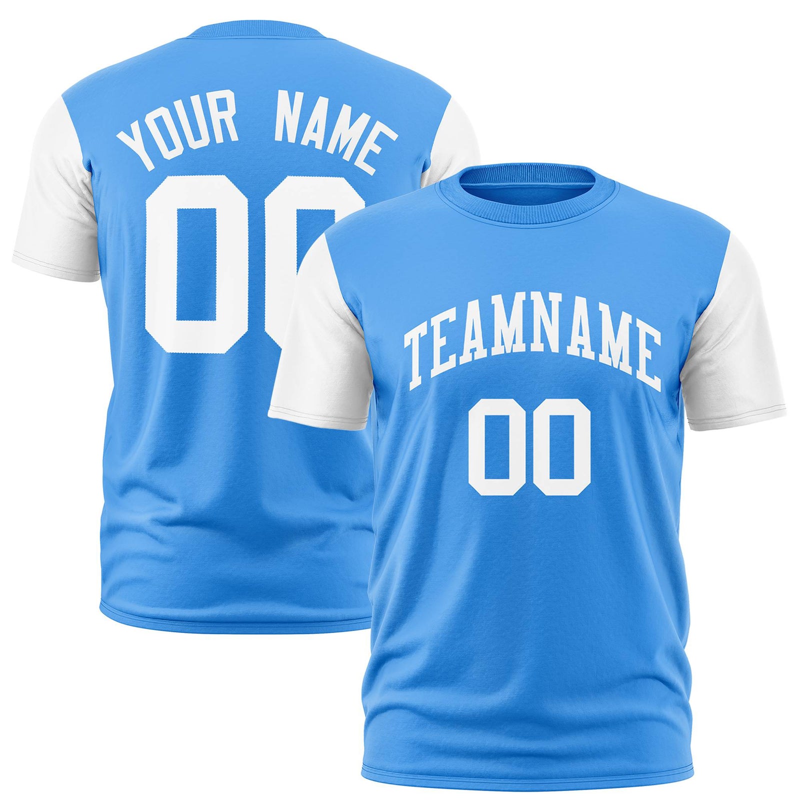 Custom Powder Blue White Crew Neck Personalized Raglan Sleeve Performance T-shirt