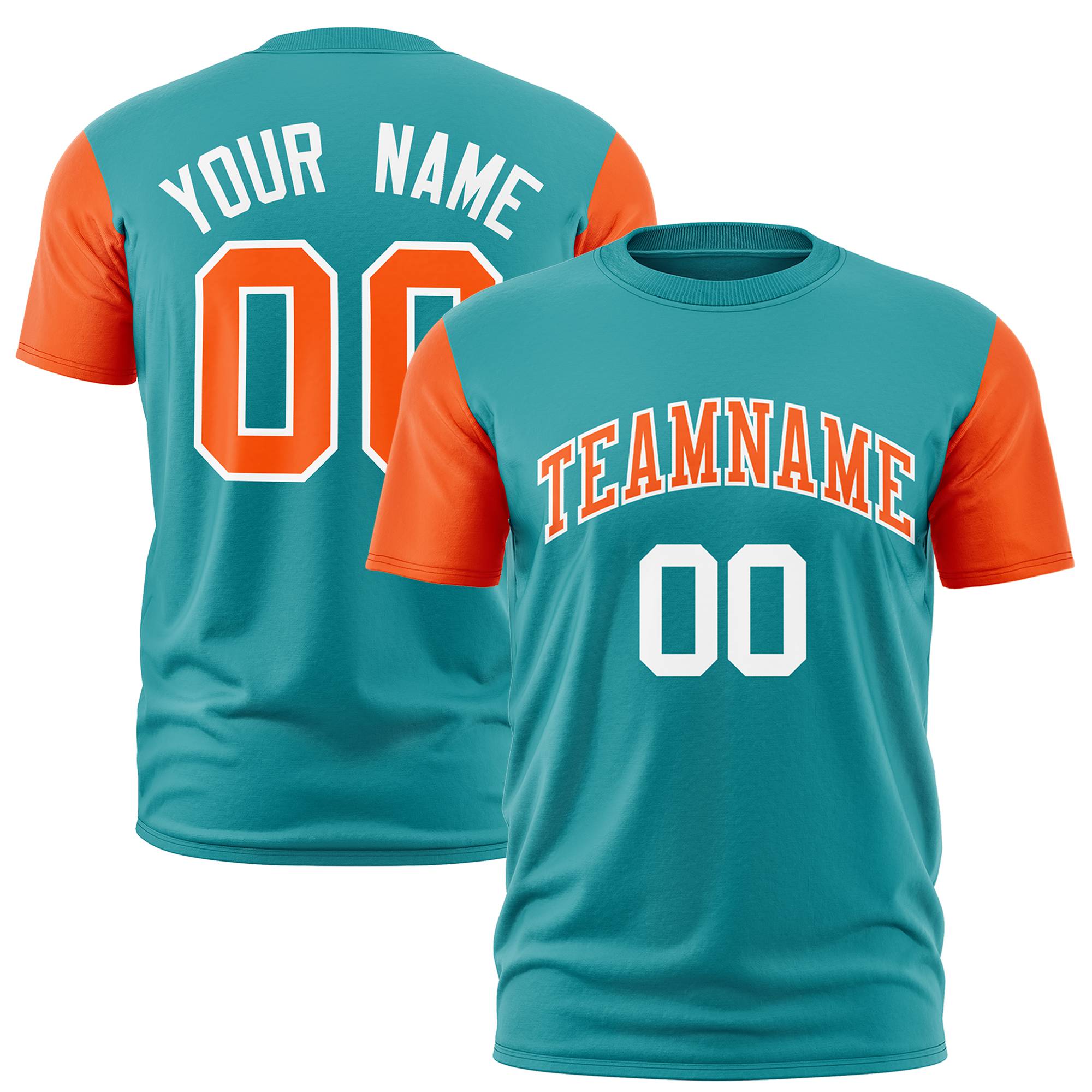 Custom Aqua Orange White Crew Neck Personalized Raglan Sleeve Performance T-shirt