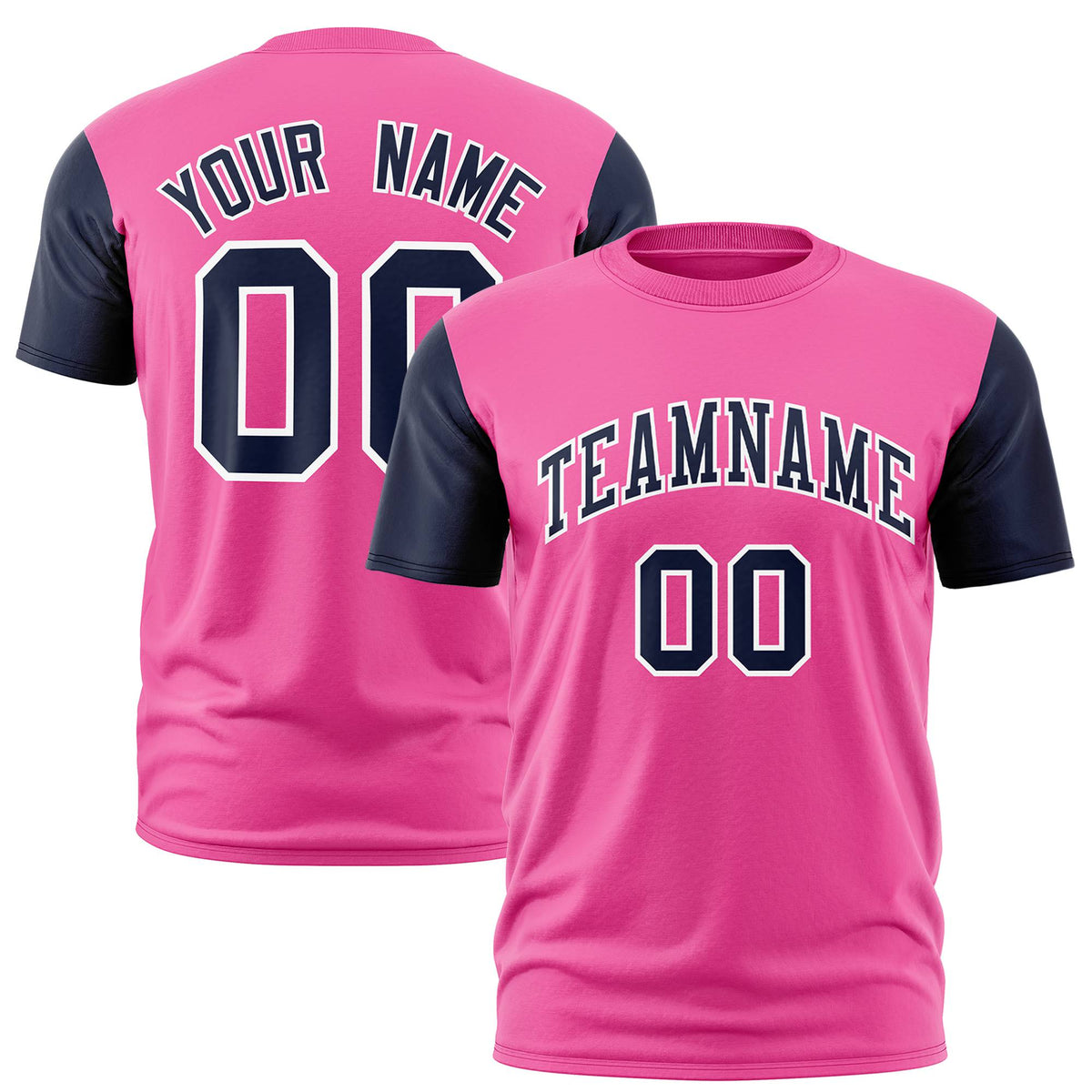 Custom Pink Navy White Crew Neck Personalized Raglan Sleeve Performance T-shirt