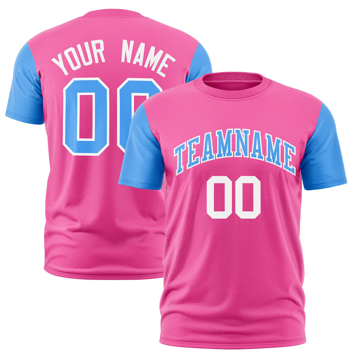 Custom Pink Powder Blue White Crew Neck Personalized Raglan Sleeve Performance T-shirt