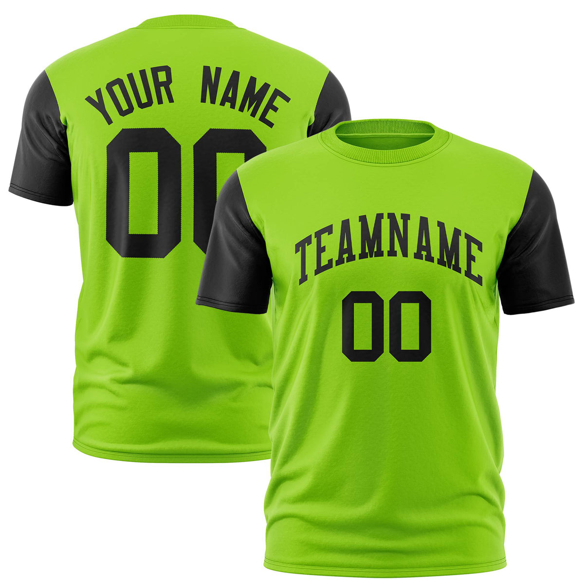 Custom Neon Green Black Crew Neck Personalized Raglan Sleeve Performance T-shirt