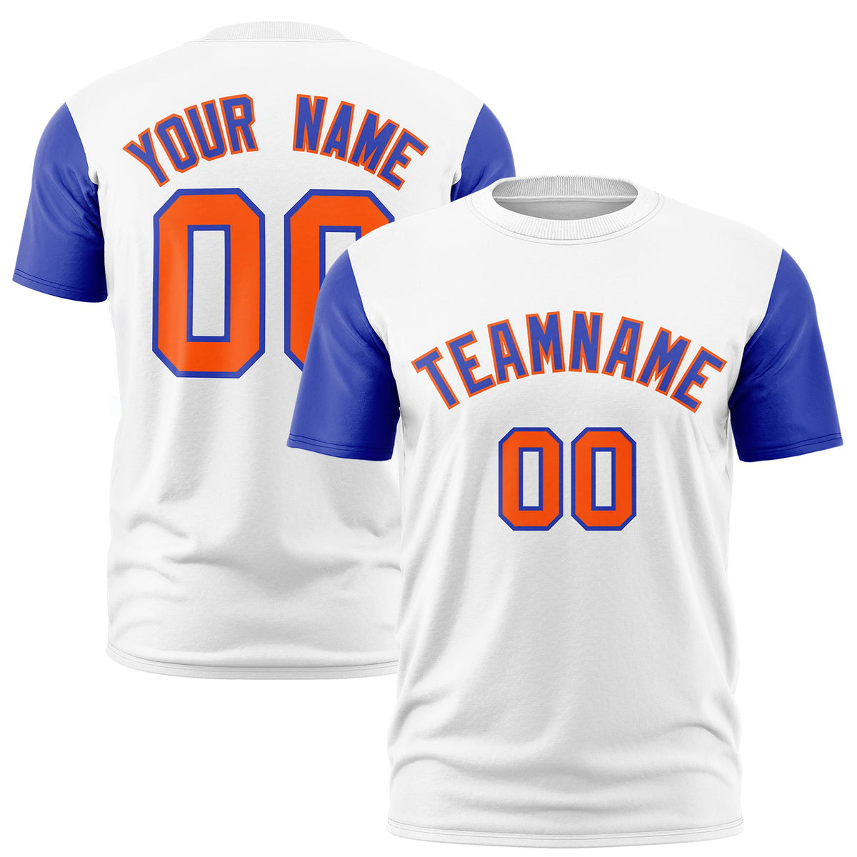 Custom White Royal Blue Orange Crew Neck Personalized Raglan Sleeve Performance T-shirt