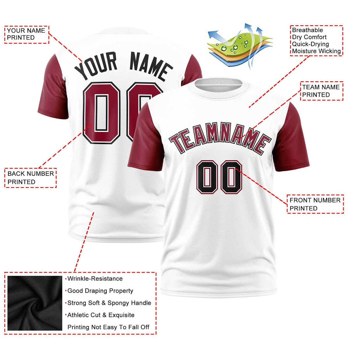 Custom White Crimson Black Crew Neck Personalized Raglan Sleeve Performance T-shirt