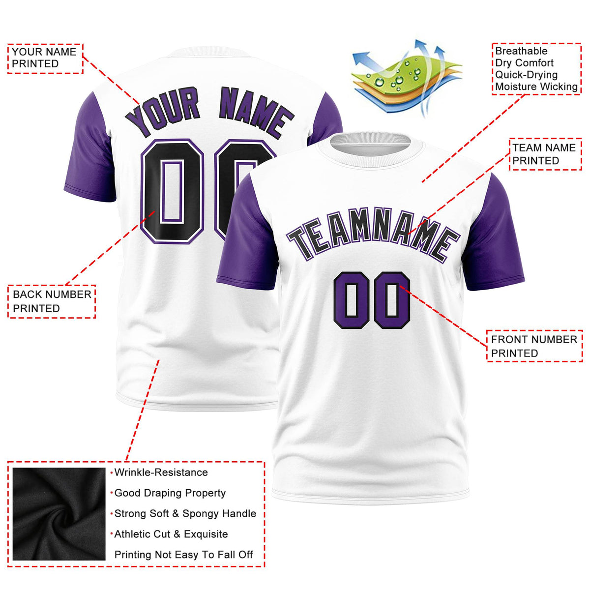 Custom White Purple Black Crew Neck Personalized Raglan Sleeve Performance T-shirt