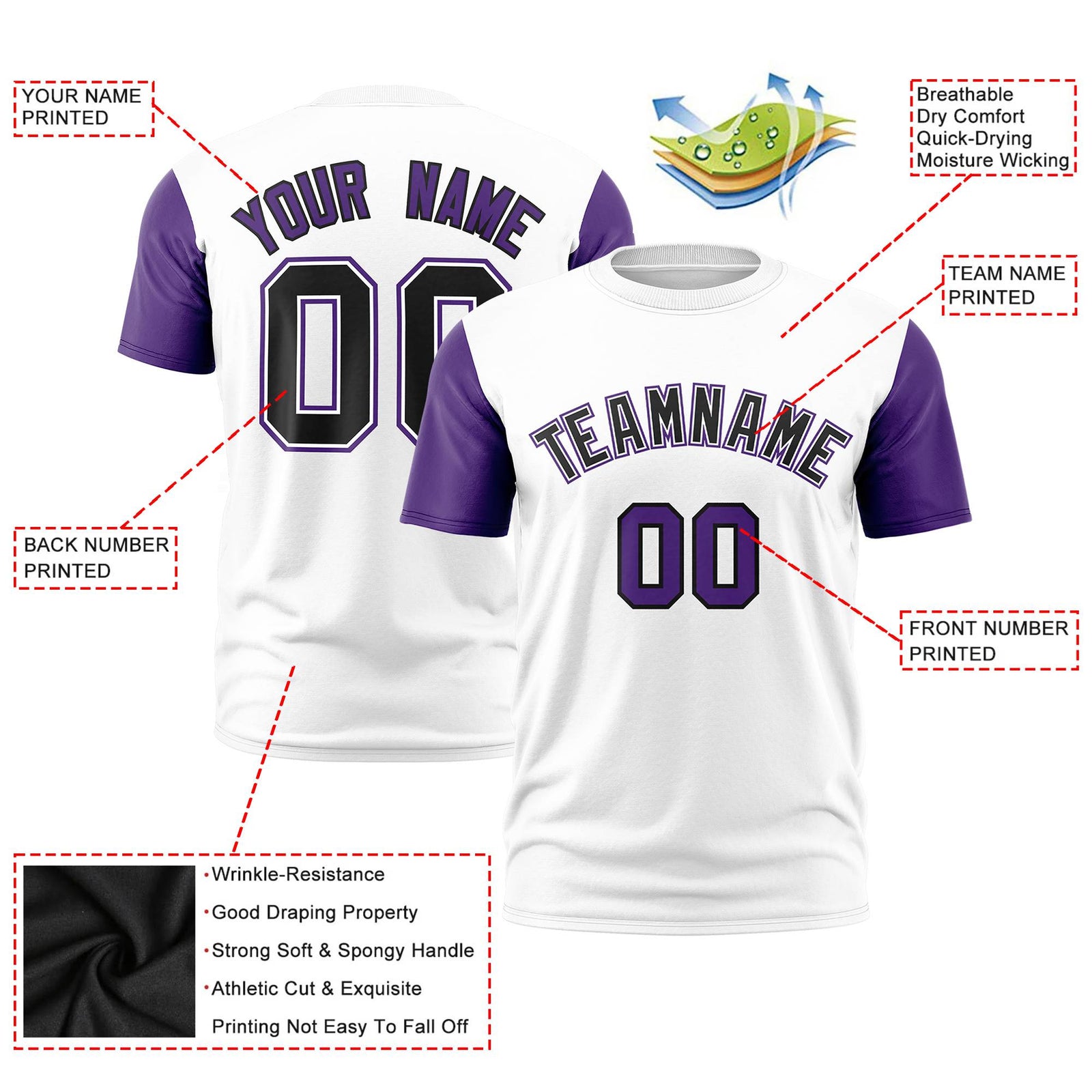 Custom White Purple Black Crew Neck Personalized Raglan Sleeve Performance T-shirt