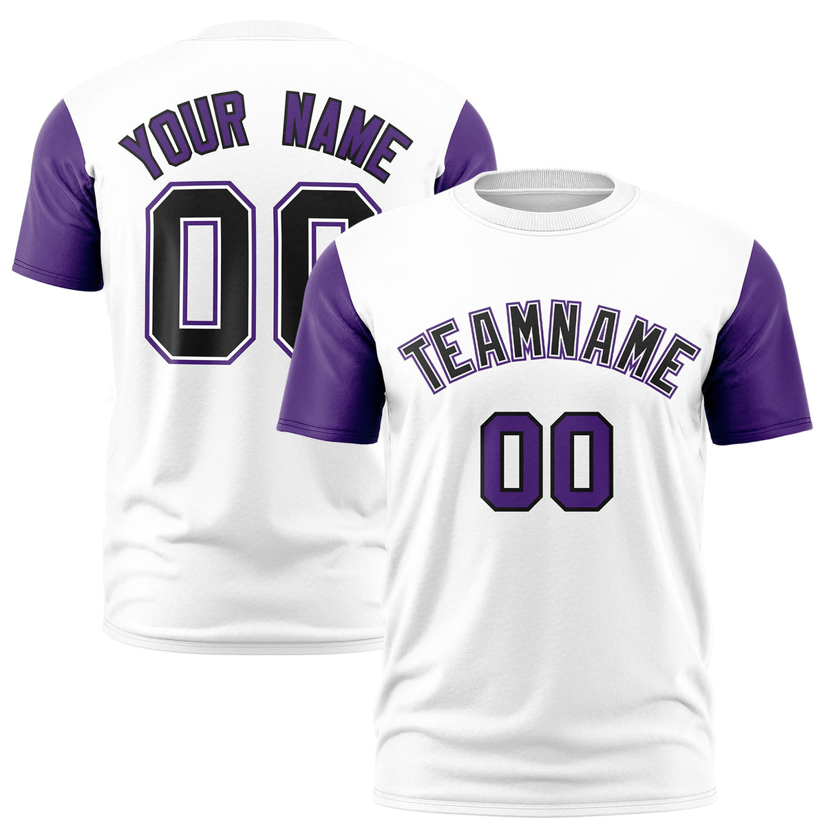 Custom White Purple Black Crew Neck Personalized Raglan Sleeve Performance T-shirt