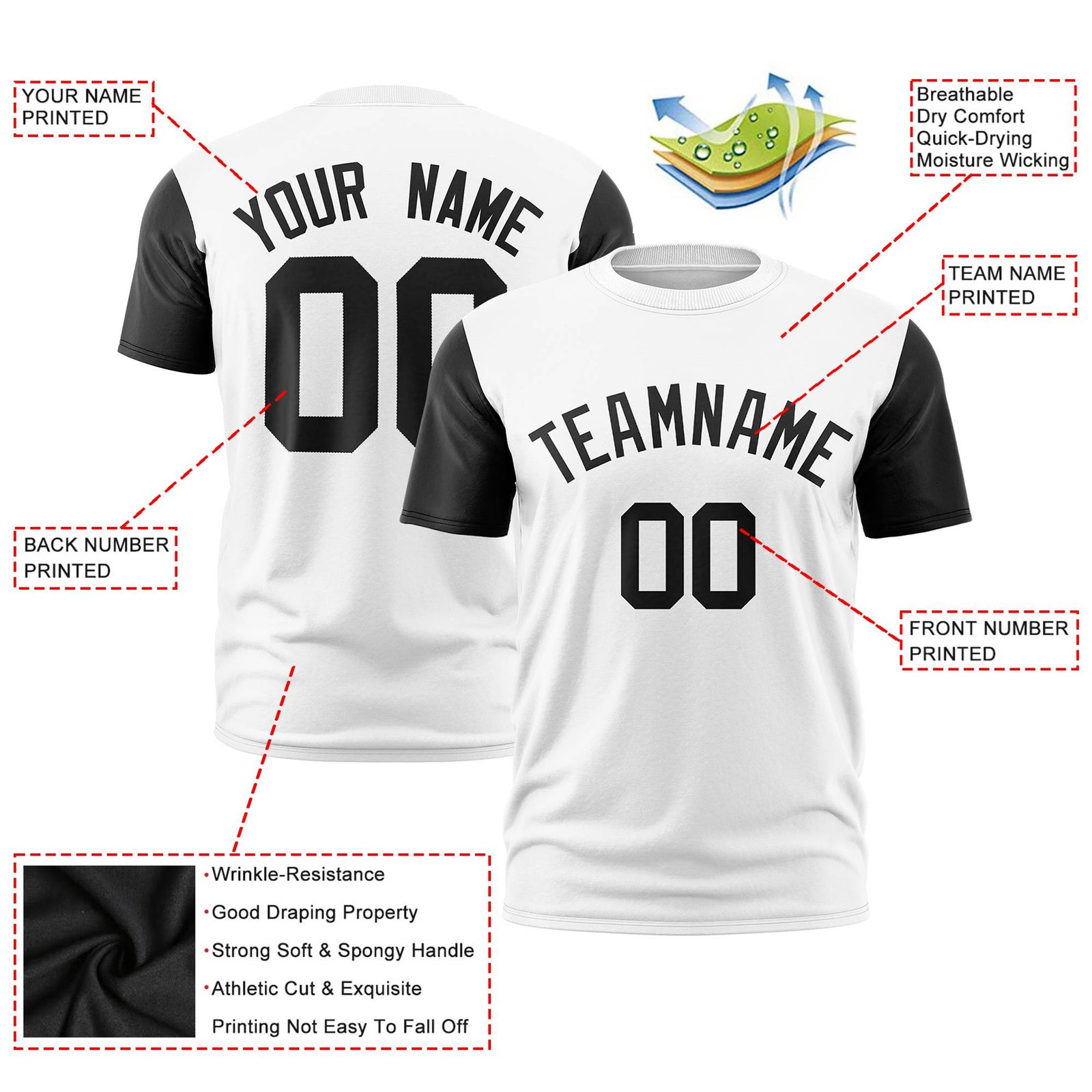 Custom White Black Crew Neck Personalized Raglan Sleeve Performance T-shirt