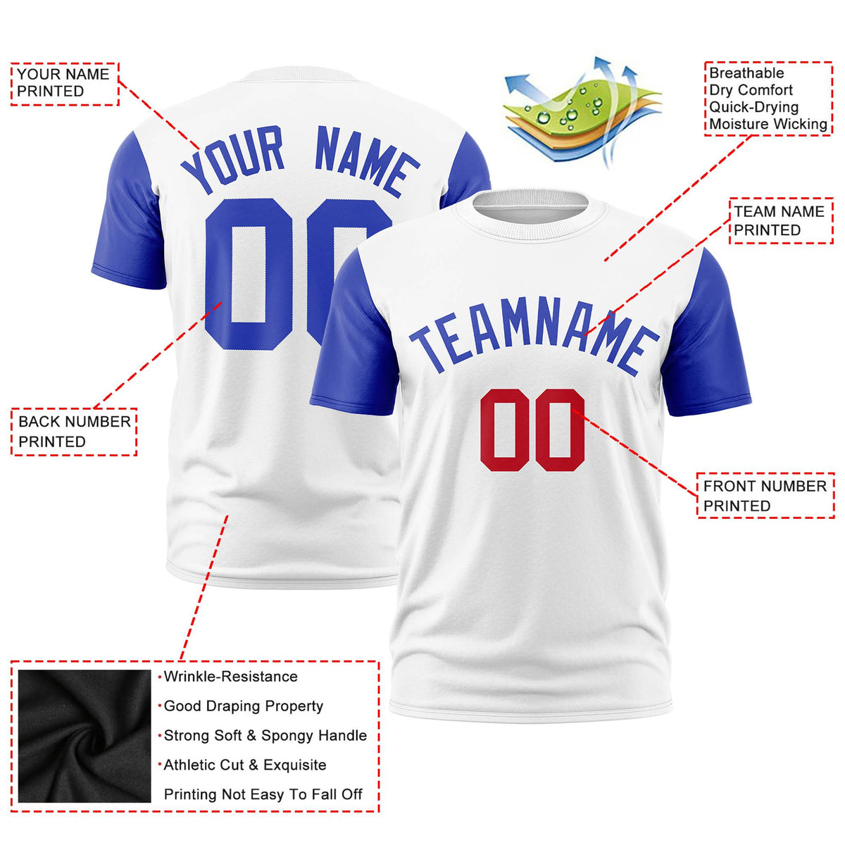 Custom White Royal Blue Red Crew Neck Personalized Raglan Sleeve Performance T-shirt