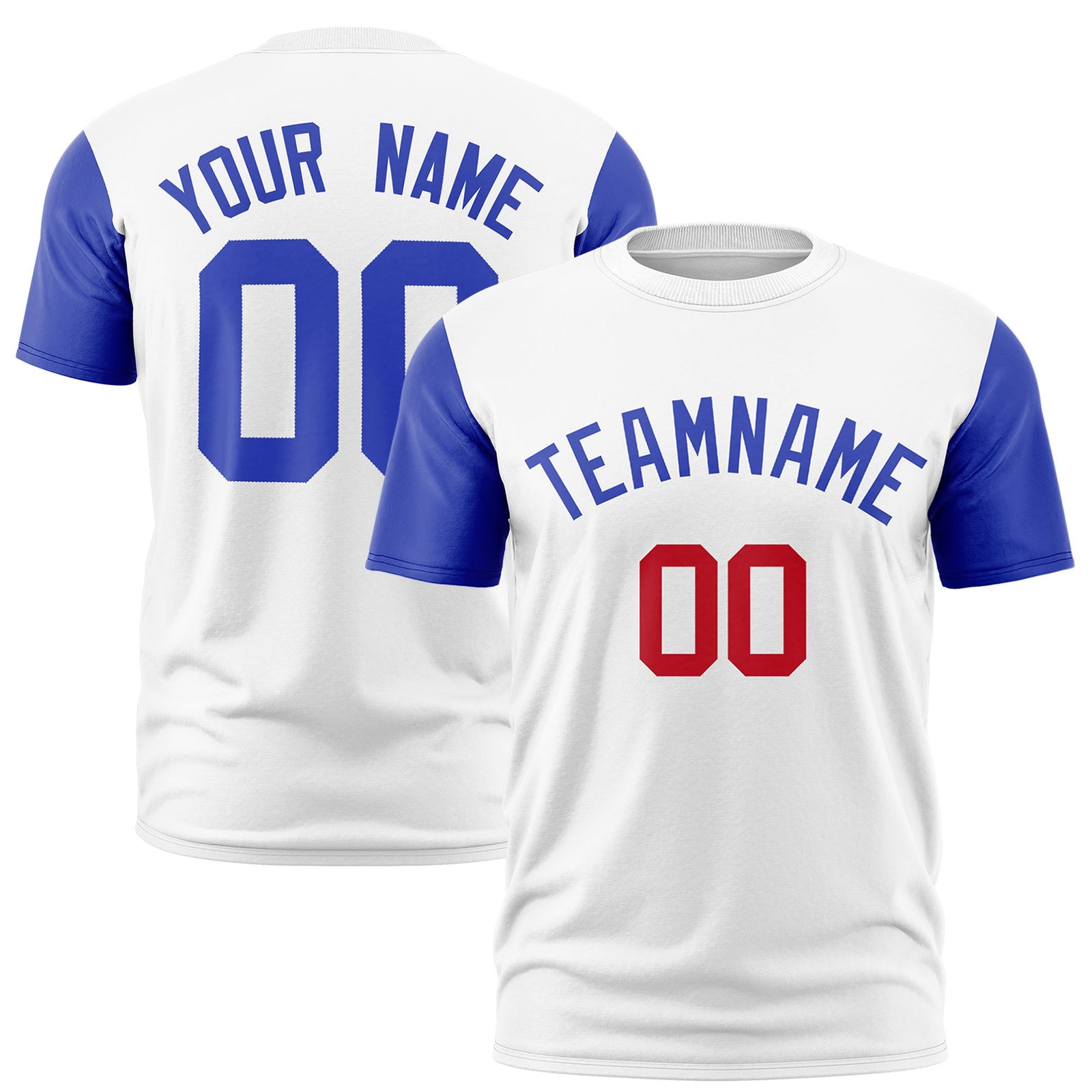 Custom White Royal Blue Red Crew Neck Personalized Raglan Sleeve Performance T-shirt