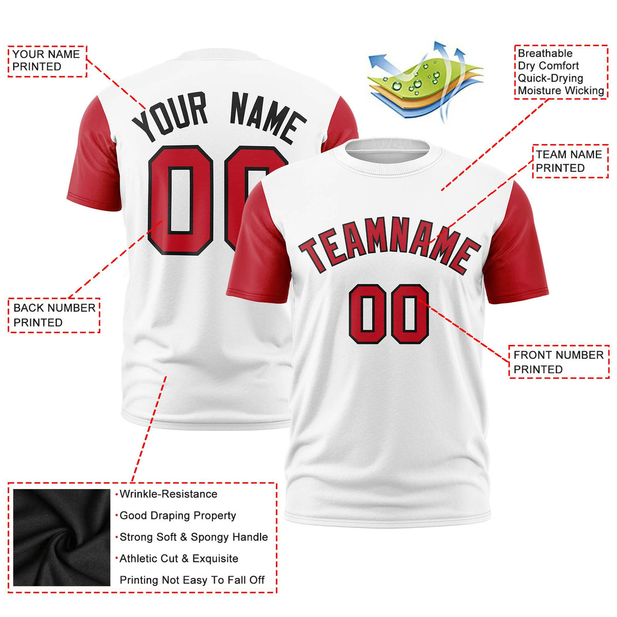 Custom White Red Black Crew Neck Personalized Raglan Sleeve Performance T-shirt