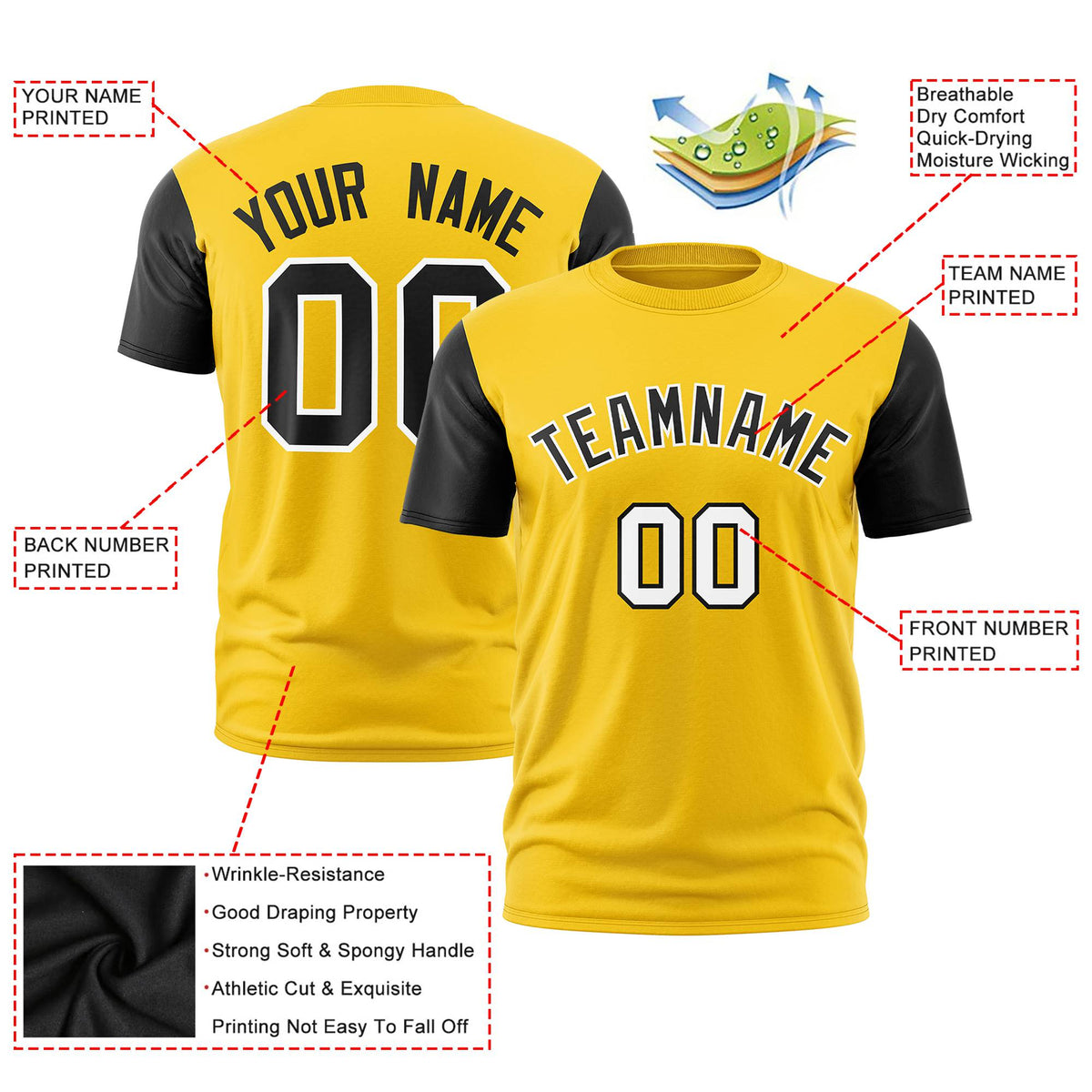 Custom Yellow Black White Crew Neck Personalized Raglan Sleeve Performance T-shirt