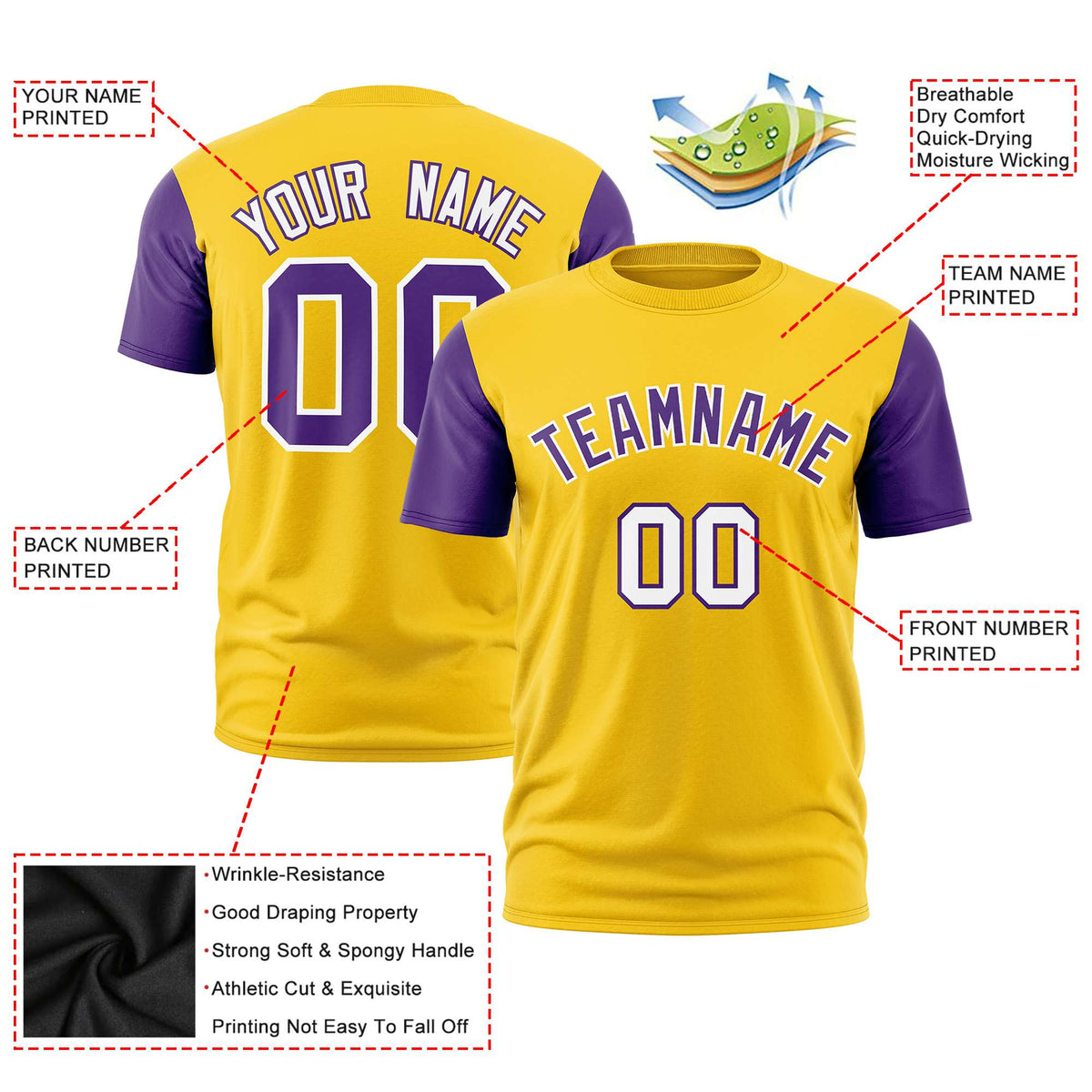 Custom Yellow Purple White Crew Neck Personalized Raglan Sleeve Performance T-shirt