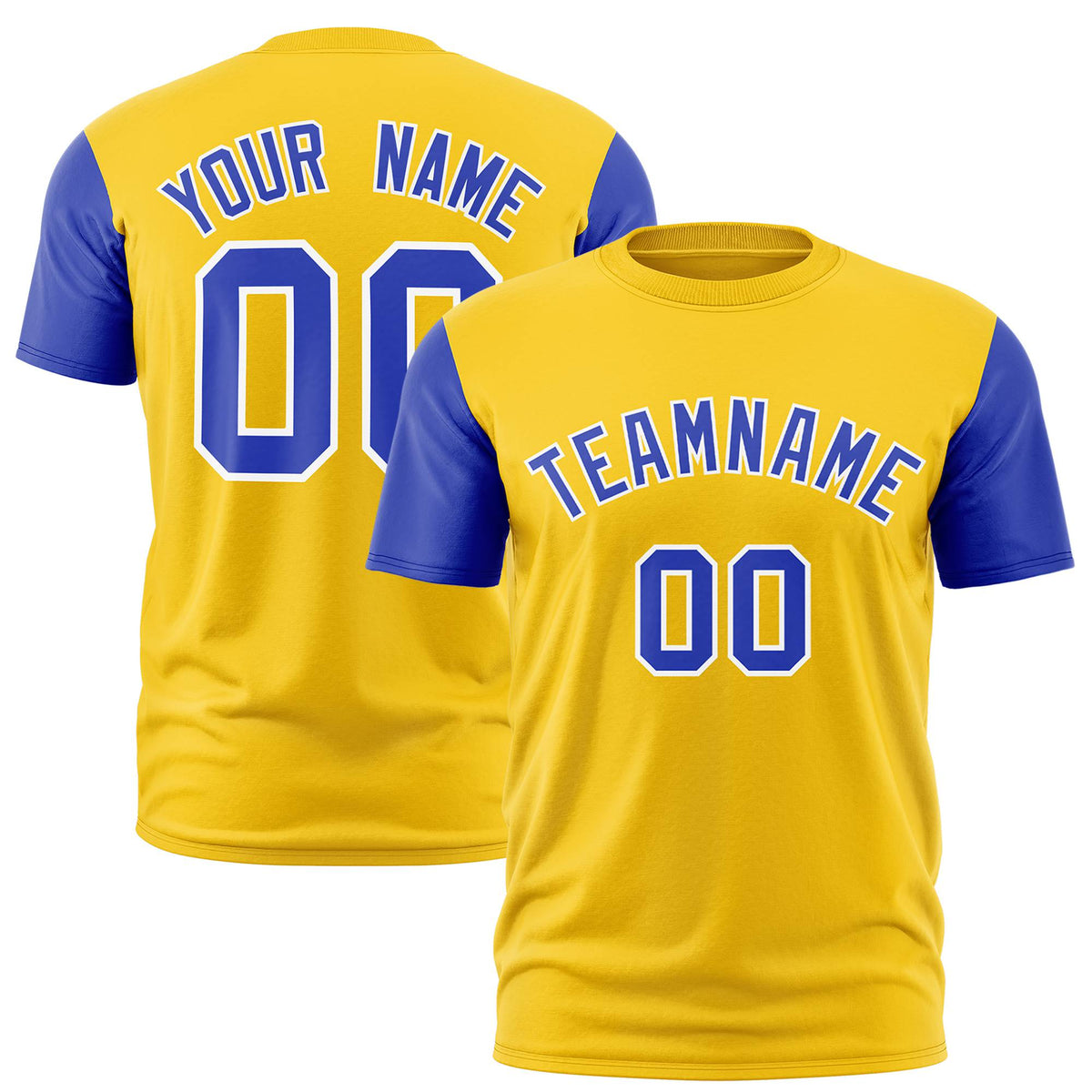 Custom Yellow Royal Blue White Crew Neck Personalized Raglan Sleeve Performance T-shirt