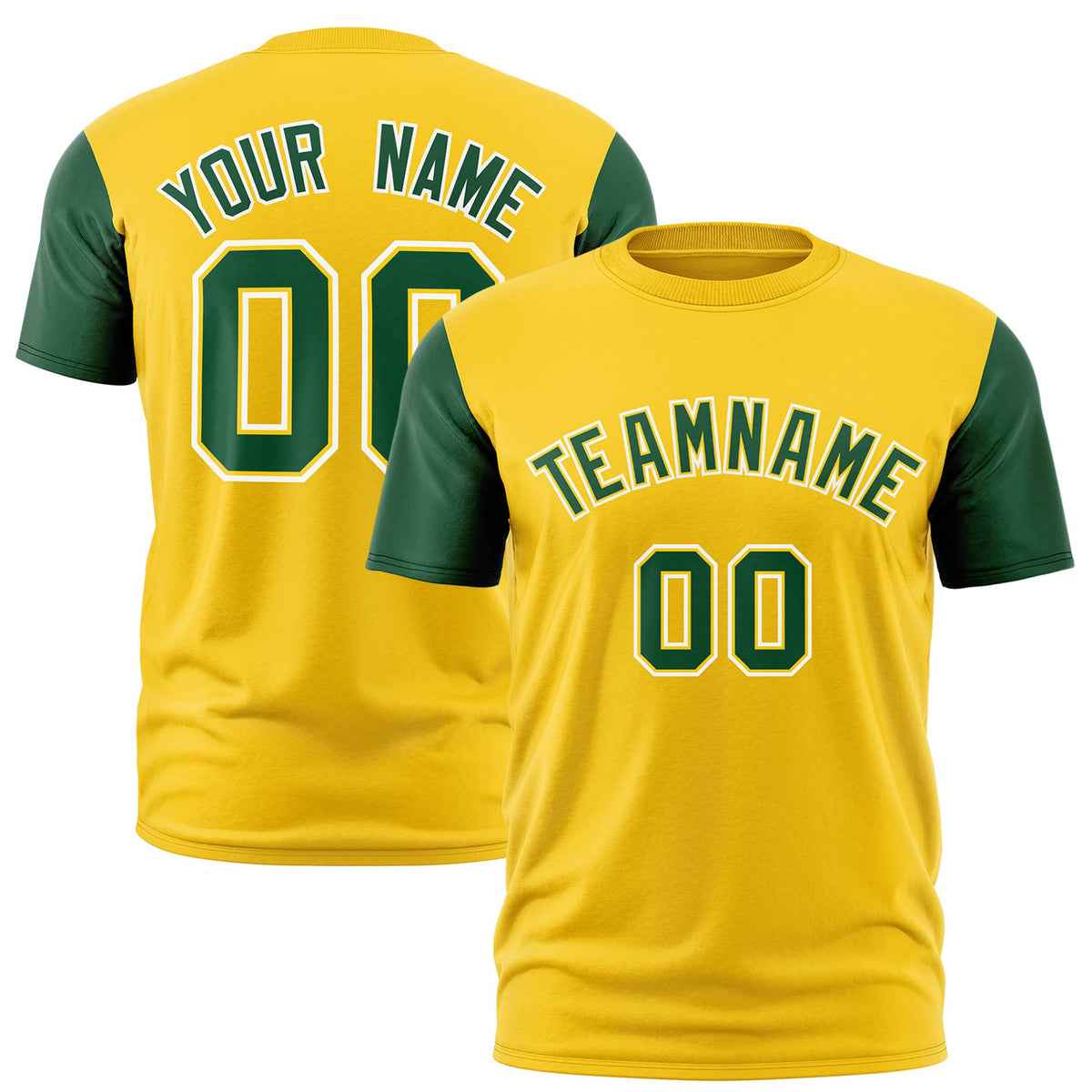 Custom Yellow Green White Crew Neck Personalized Raglan Sleeve Performance T-shirt