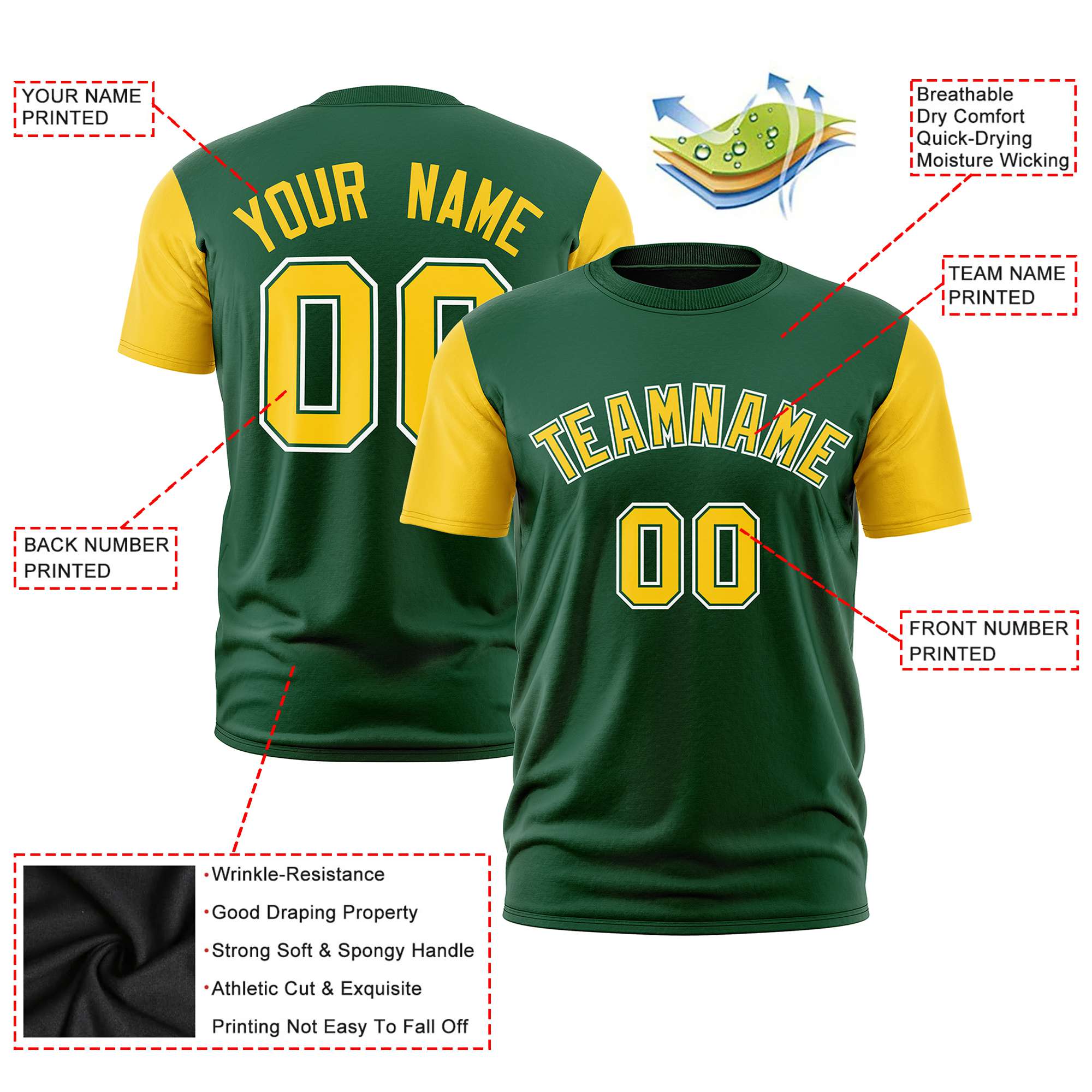 Custom Green Yellow White Crew Neck Personalized Raglan Sleeve Performance T-shirt