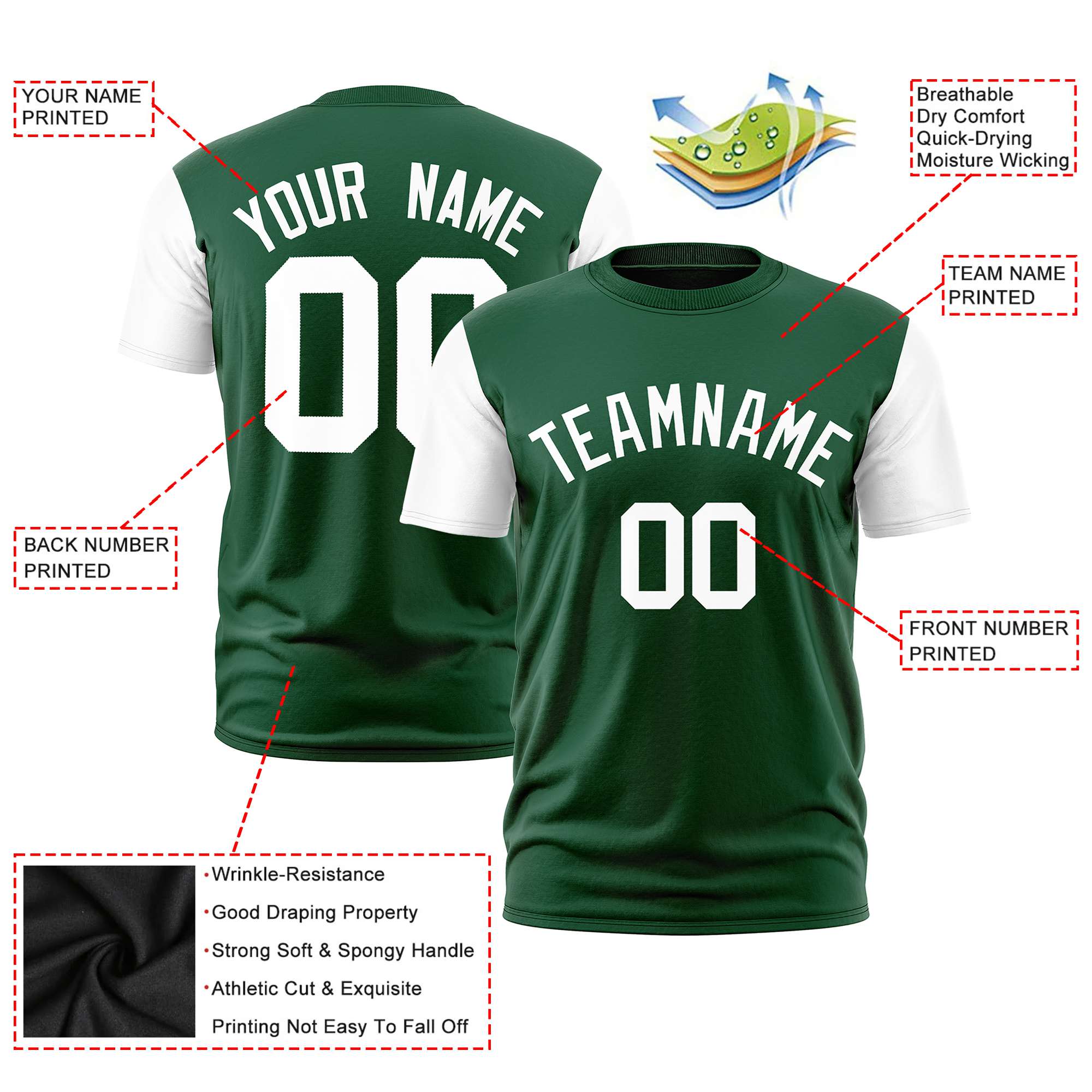 Custom Green White Crew Neck Personalized Raglan Sleeve Performance T-shirt