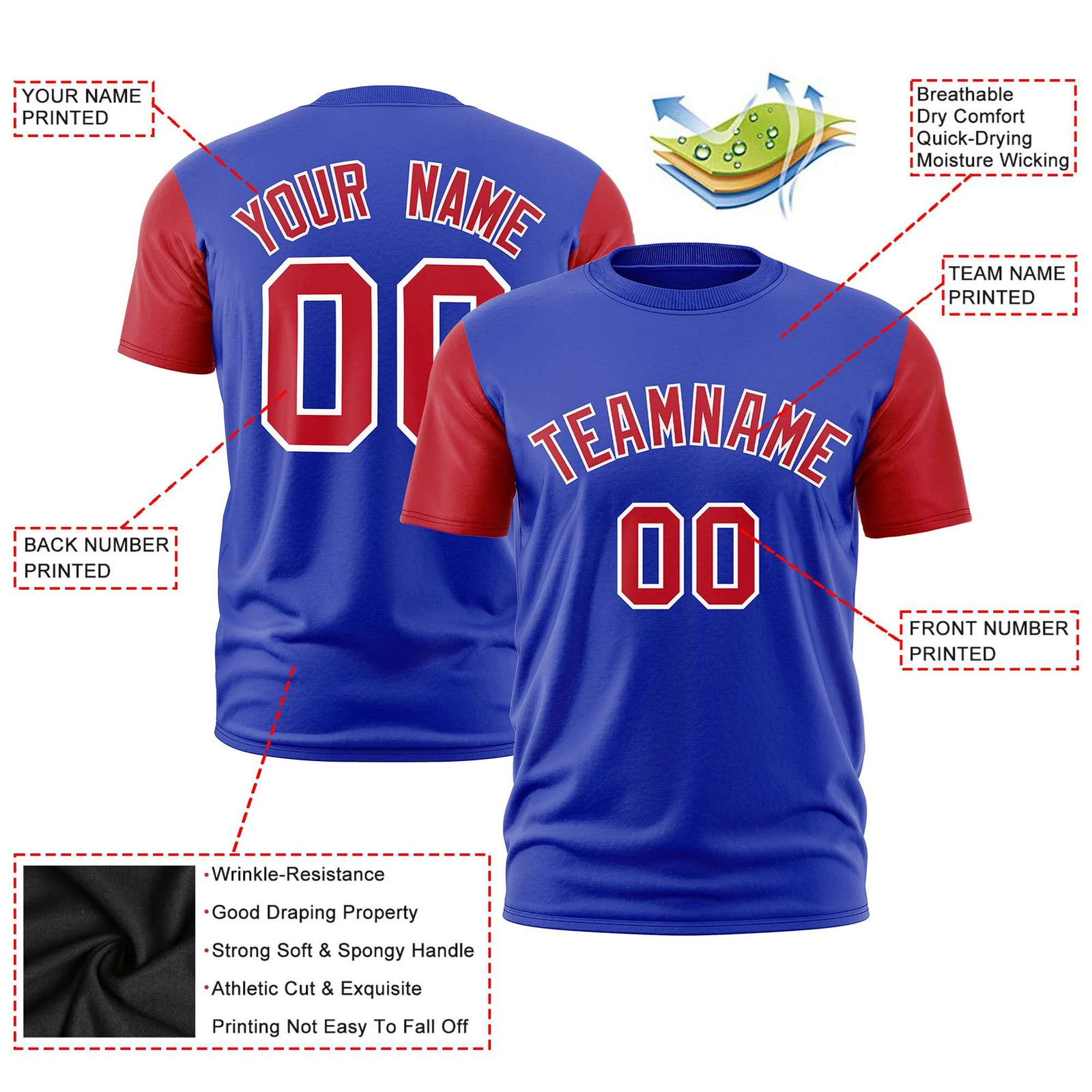 Custom Royal Blue Red White Crew Neck Personalized Raglan Sleeve Performance T-shirt