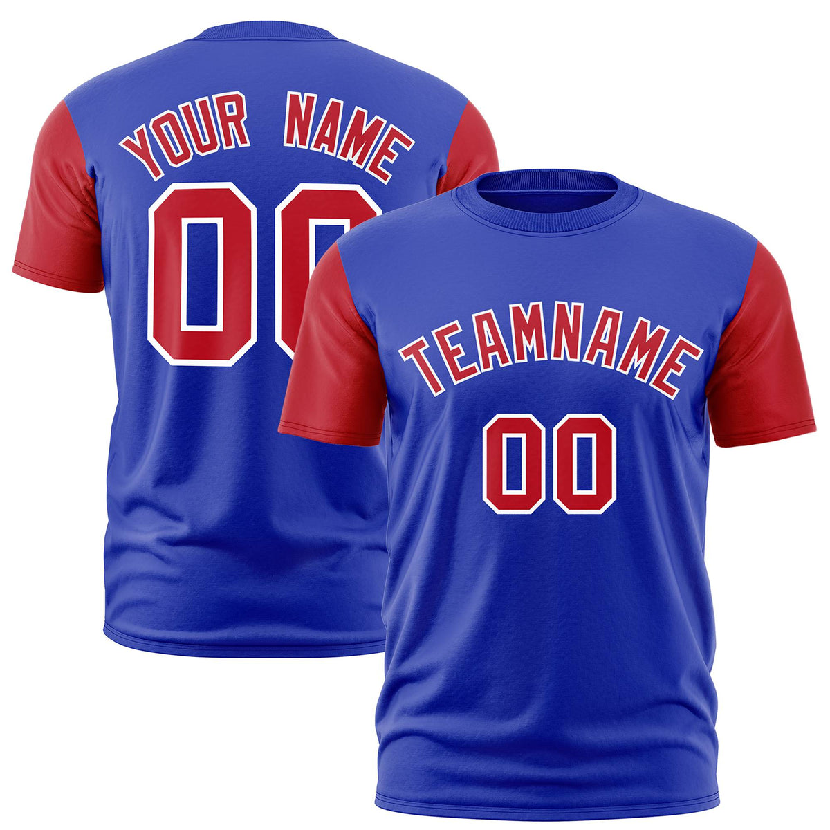 Custom Royal Blue Red White Crew Neck Personalized Raglan Sleeve Performance T-shirt
