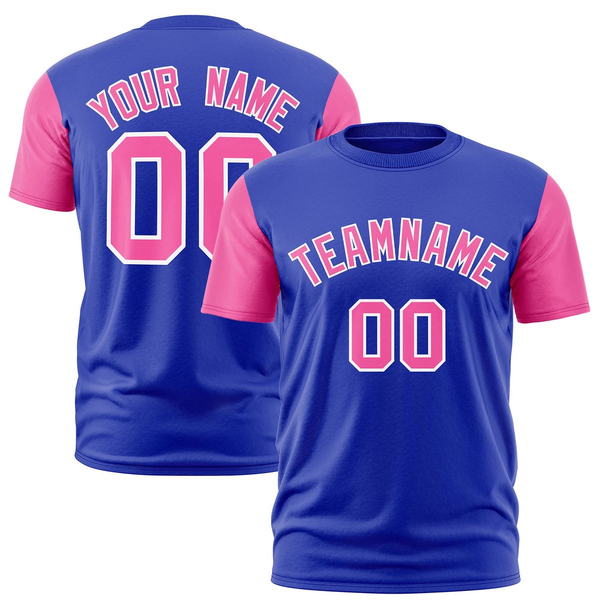 Custom Royal Blue Pink White Crew Neck Personalized Raglan Sleeve Performance T-shirt