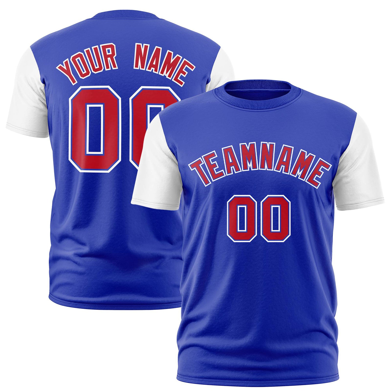 Custom Royal Blue Red White Crew Neck Personalized Raglan Sleeve Performance T-shirt