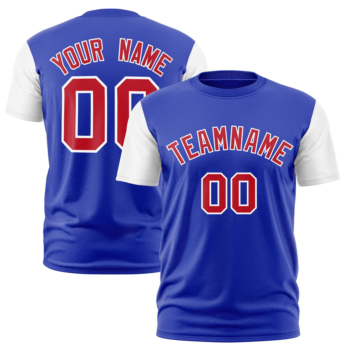 Custom Royal Blue White Red Crew Neck Personalized Raglan Sleeve Performance T-shirt