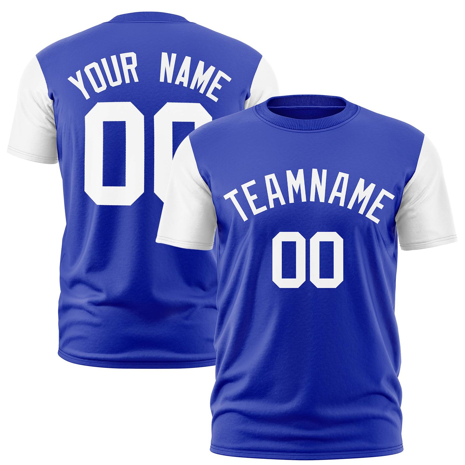 Custom Royal Blue White Crew Neck Personalized Raglan Sleeve Performance T-shirt