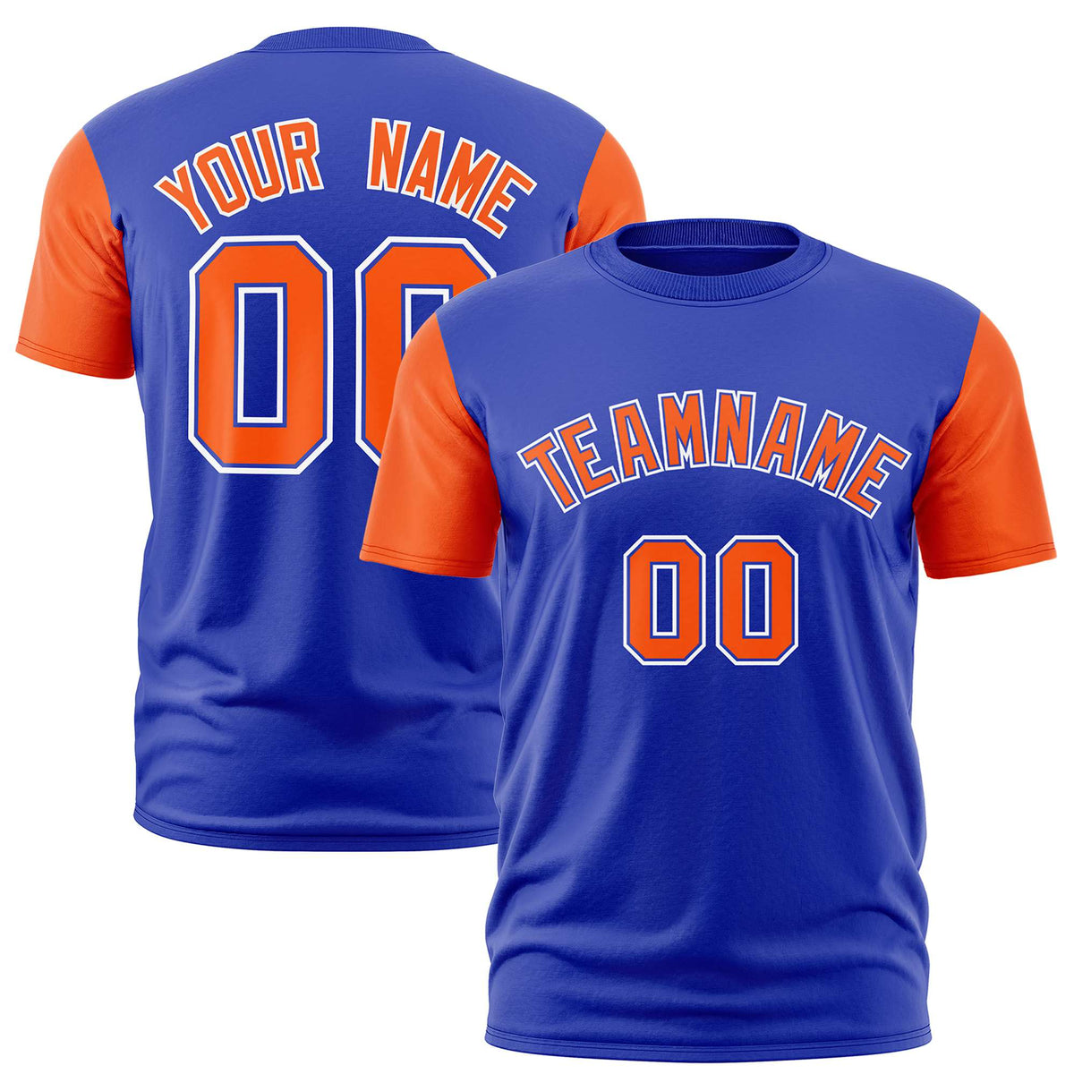 Custom Royal Blue Orange White Crew Neck Personalized Raglan Sleeve Performance T-shirt
