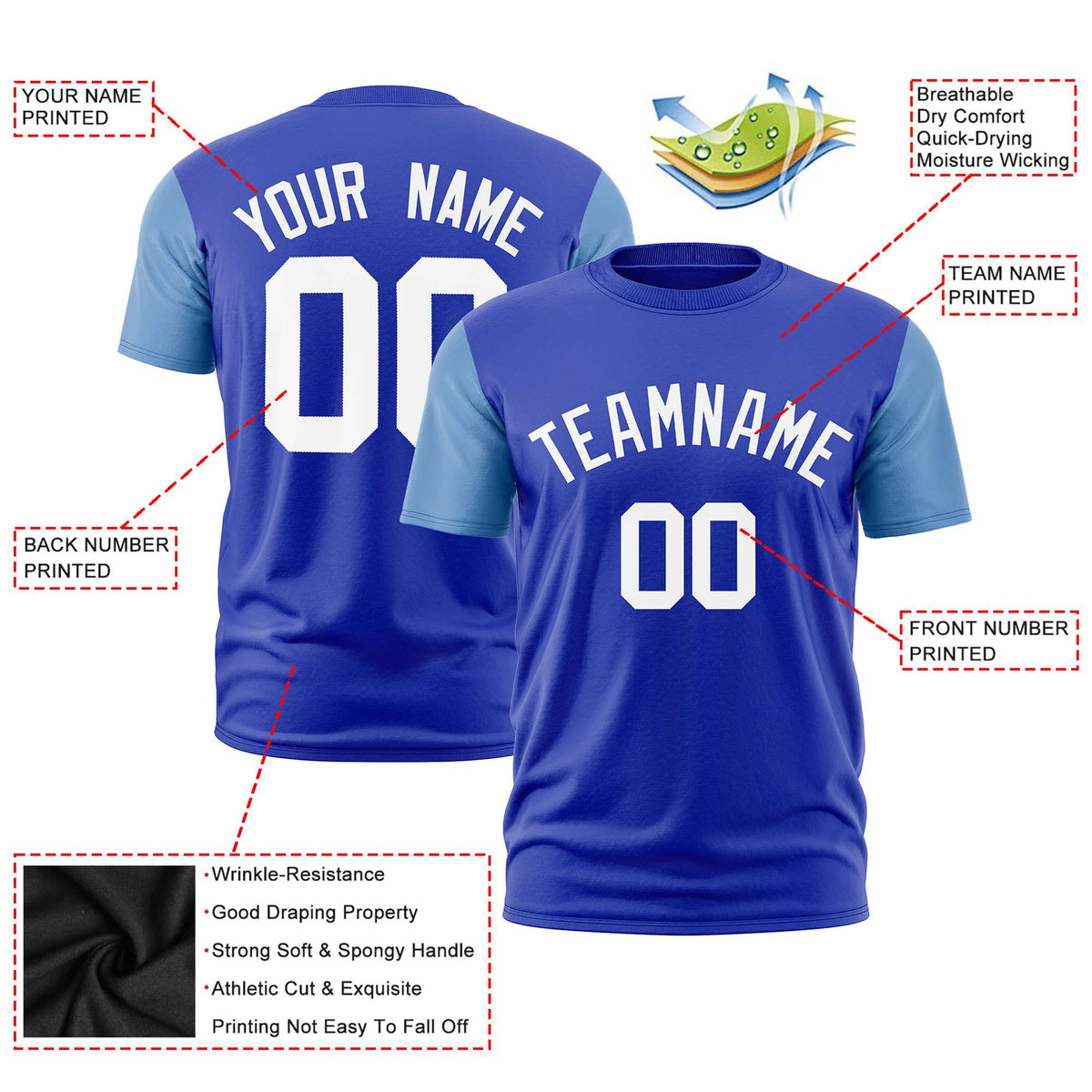 Custom Royal Blue Light Blue White Crew Neck Personalized Raglan Sleeve Performance T-shirt