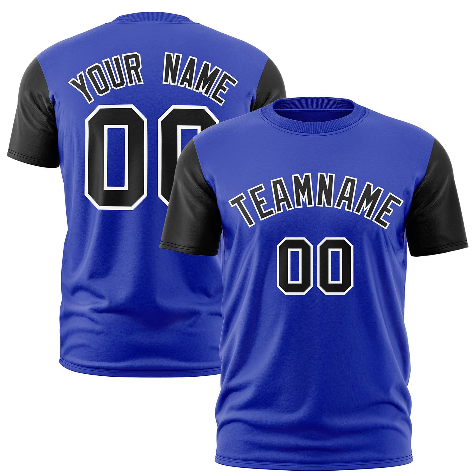 Custom Royal Blue Black White Crew Neck Personalized Raglan Sleeve Performance T-shirt