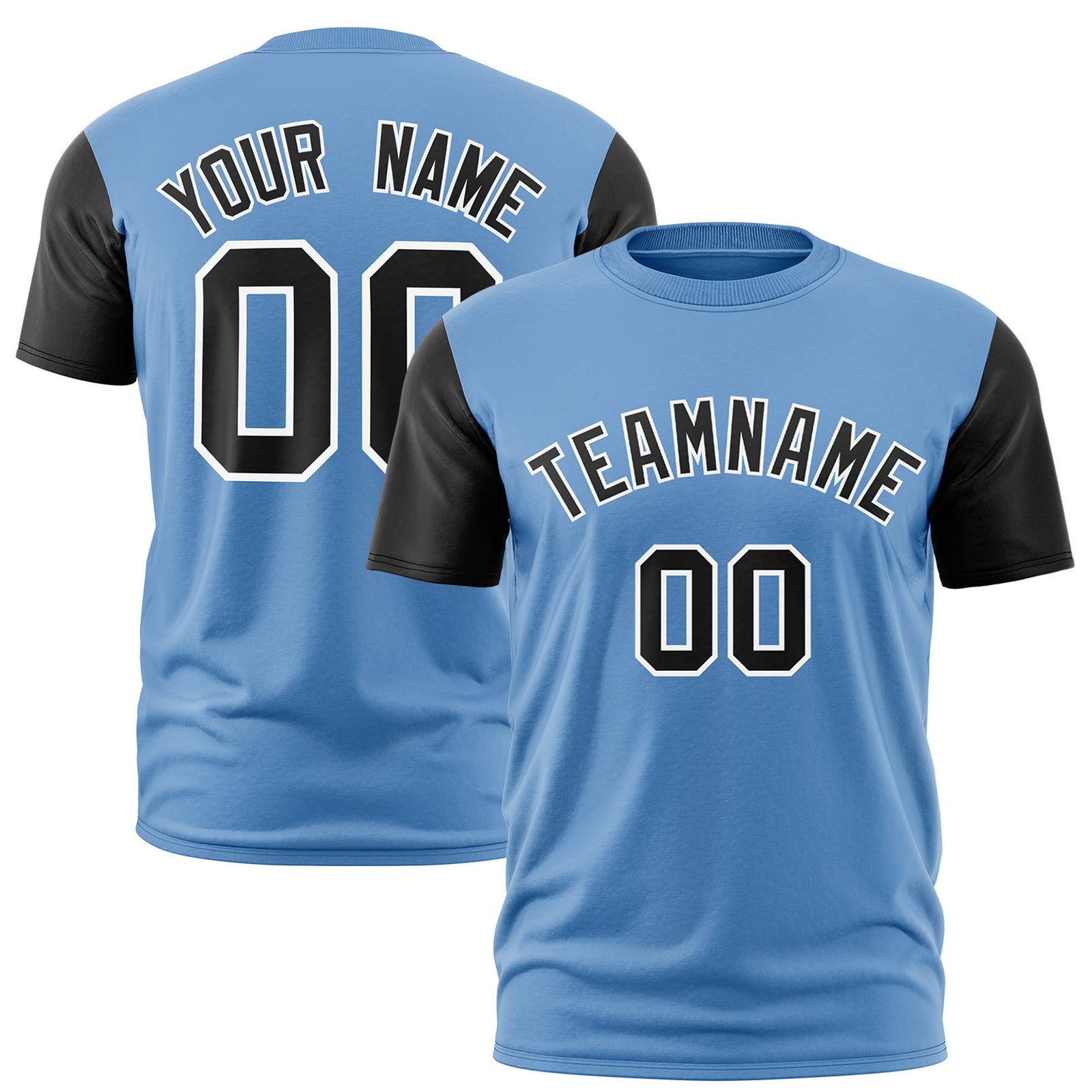 Custom Light Blue Black White Crew Neck Personalized Raglan Sleeve Performance T-shirt