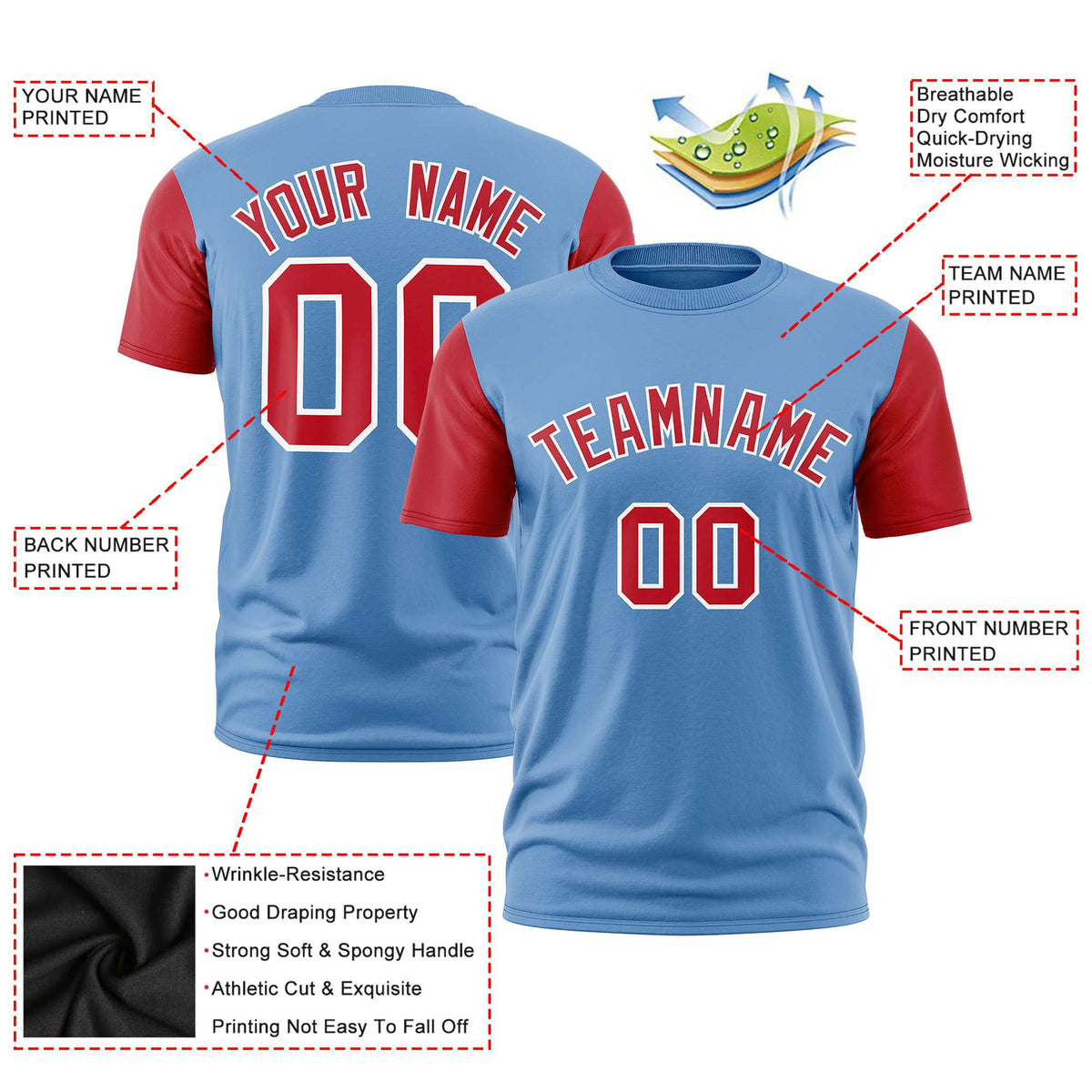 Custom Light Blue Red White Crew Neck Personalized Raglan Sleeve Performance T-shirt