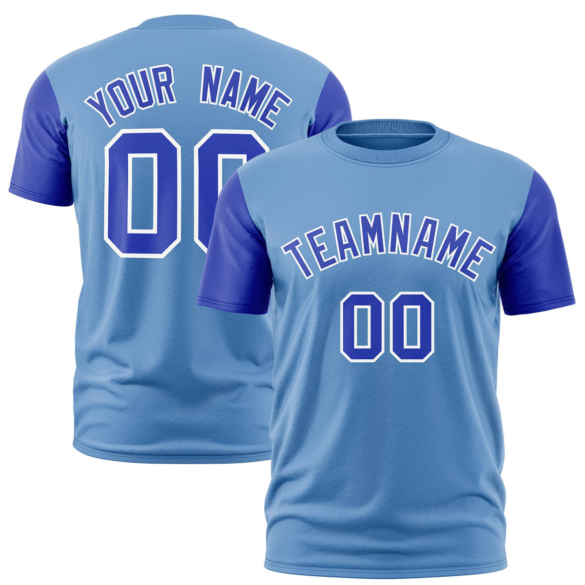 Custom Light Blue Royal Blue White Crew Neck Personalized Raglan Sleeve Performance T-shirt