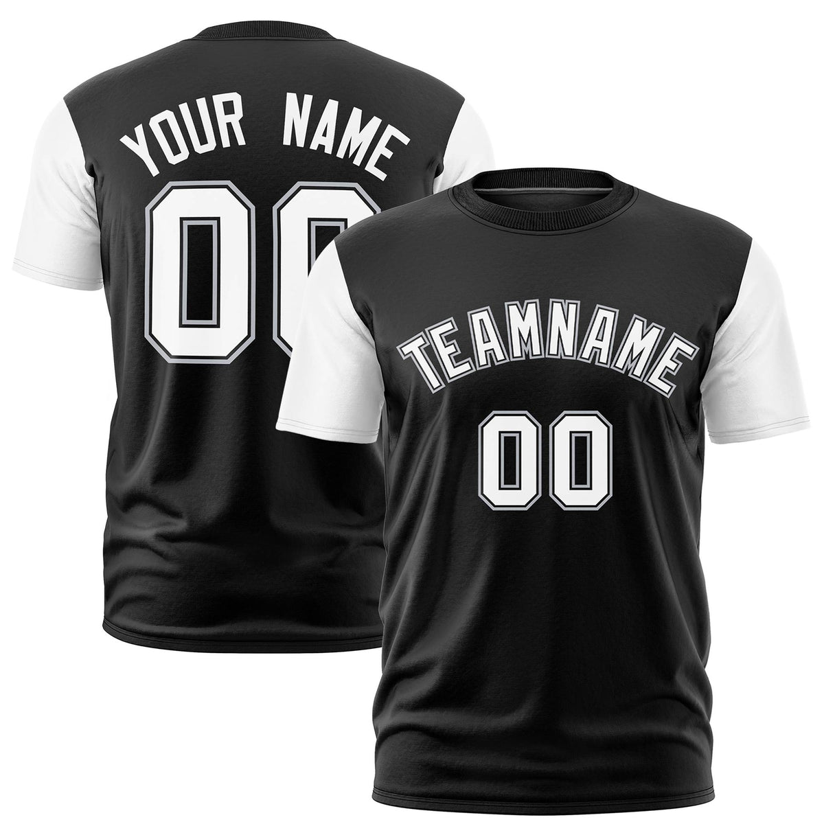Custom Black White Crew Neck Personalized Raglan Sleeve Performance T-shirt