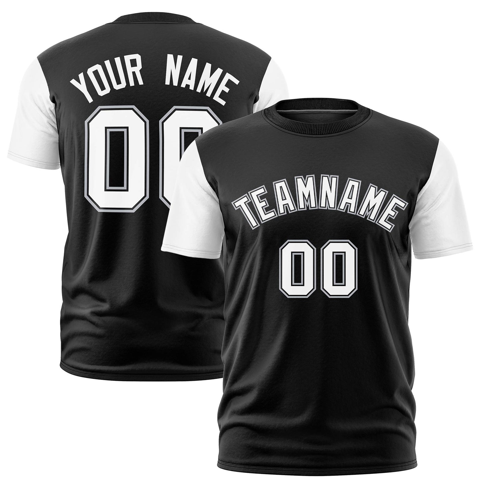 Custom Black White Crew Neck Personalized Raglan Sleeve Performance T-shirt