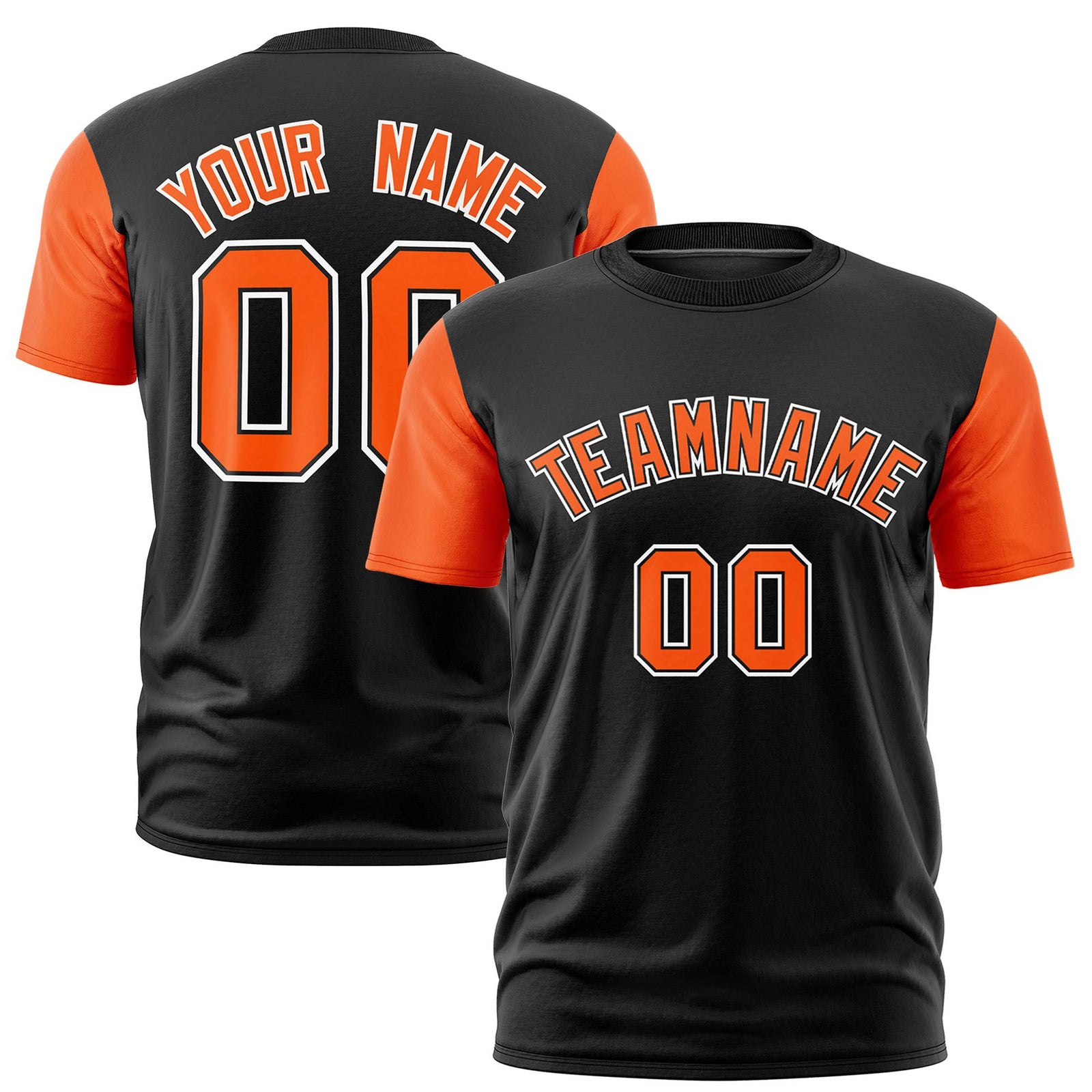 Custom Black Orange White Crew Neck Personalized Raglan Sleeve Performance T-shirt