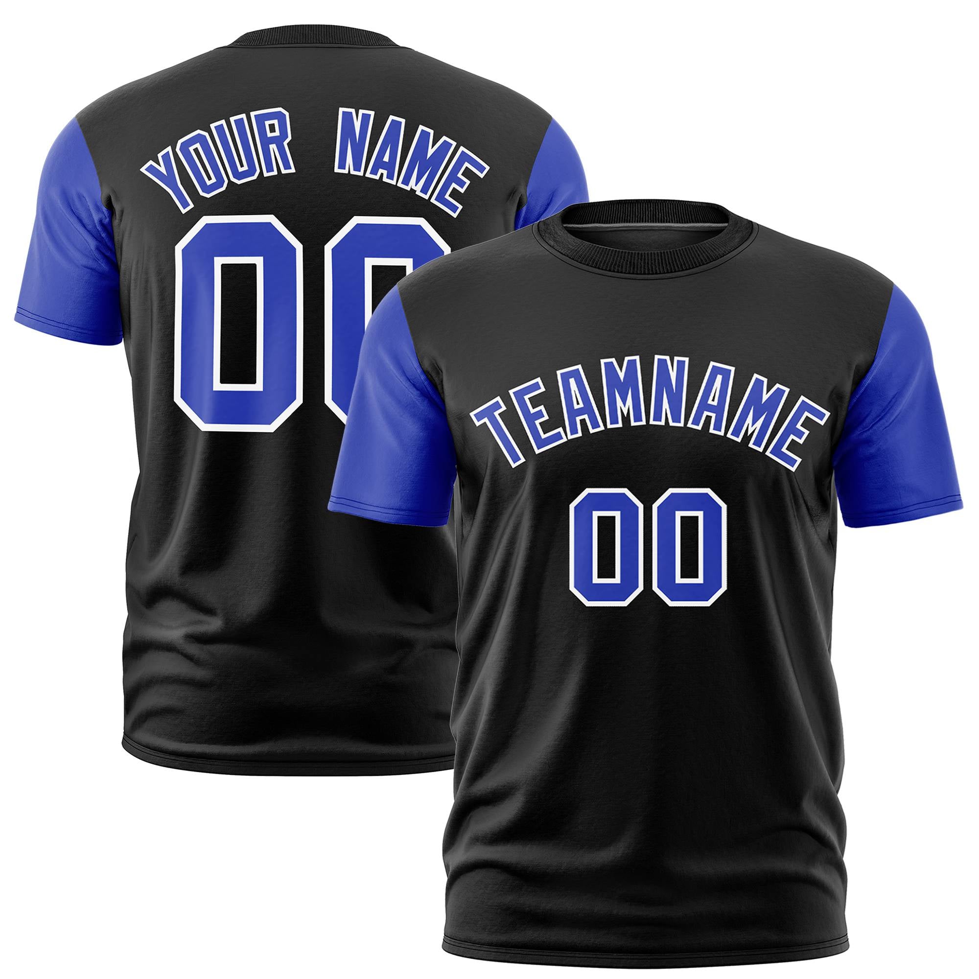 Custom Black Royal Blue White Crew Neck Personalized Raglan Sleeve Performance T-shirt