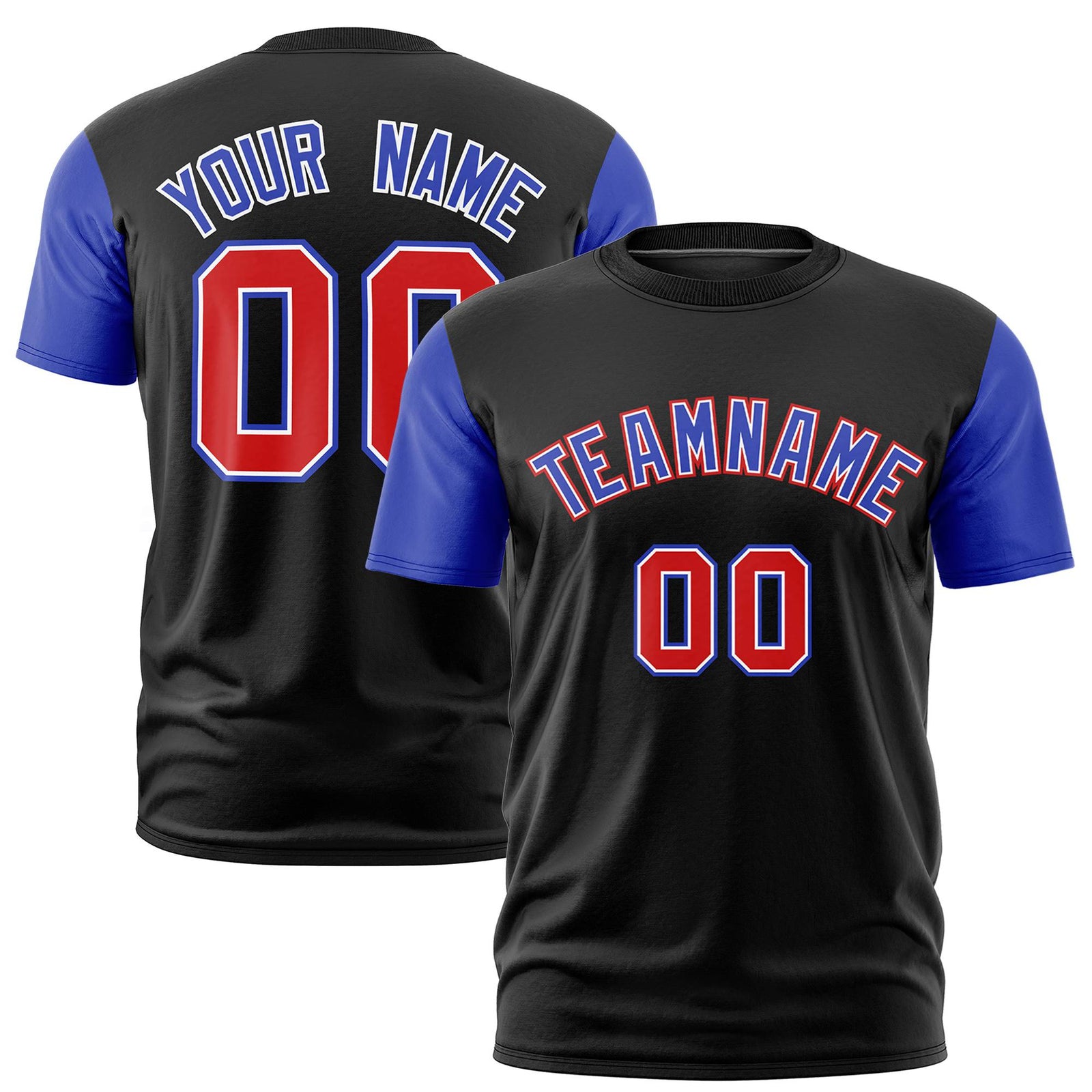Custom Black Royal Blue Red Crew Neck Personalized Raglan Sleeve Performance T-shirt