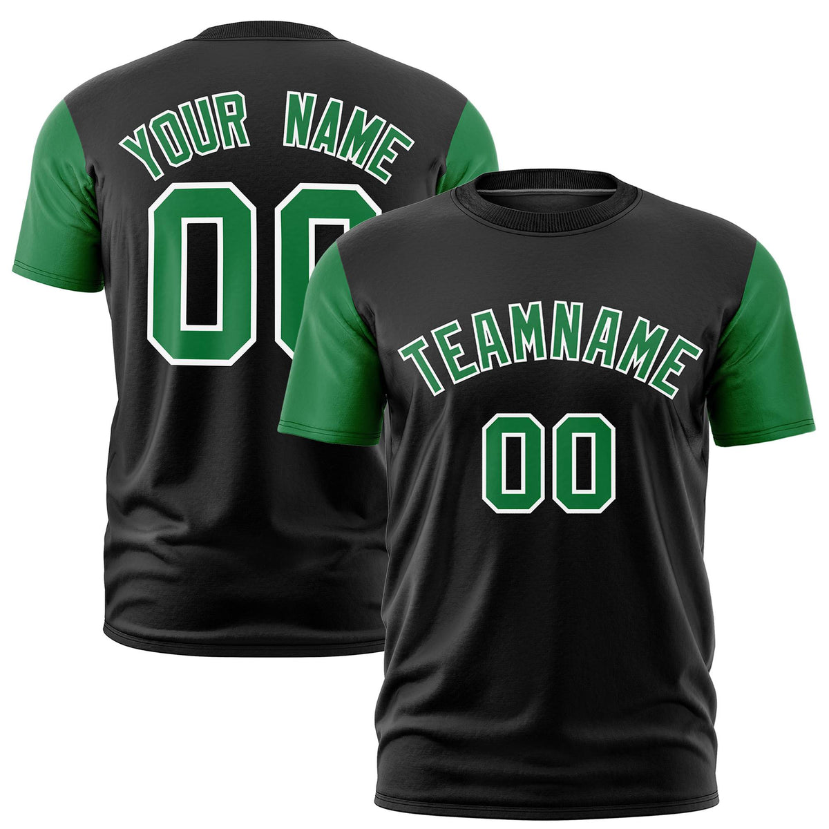Custom Black Kelly Green White Crew Neck Personalized Raglan Sleeve Performance T-shirt