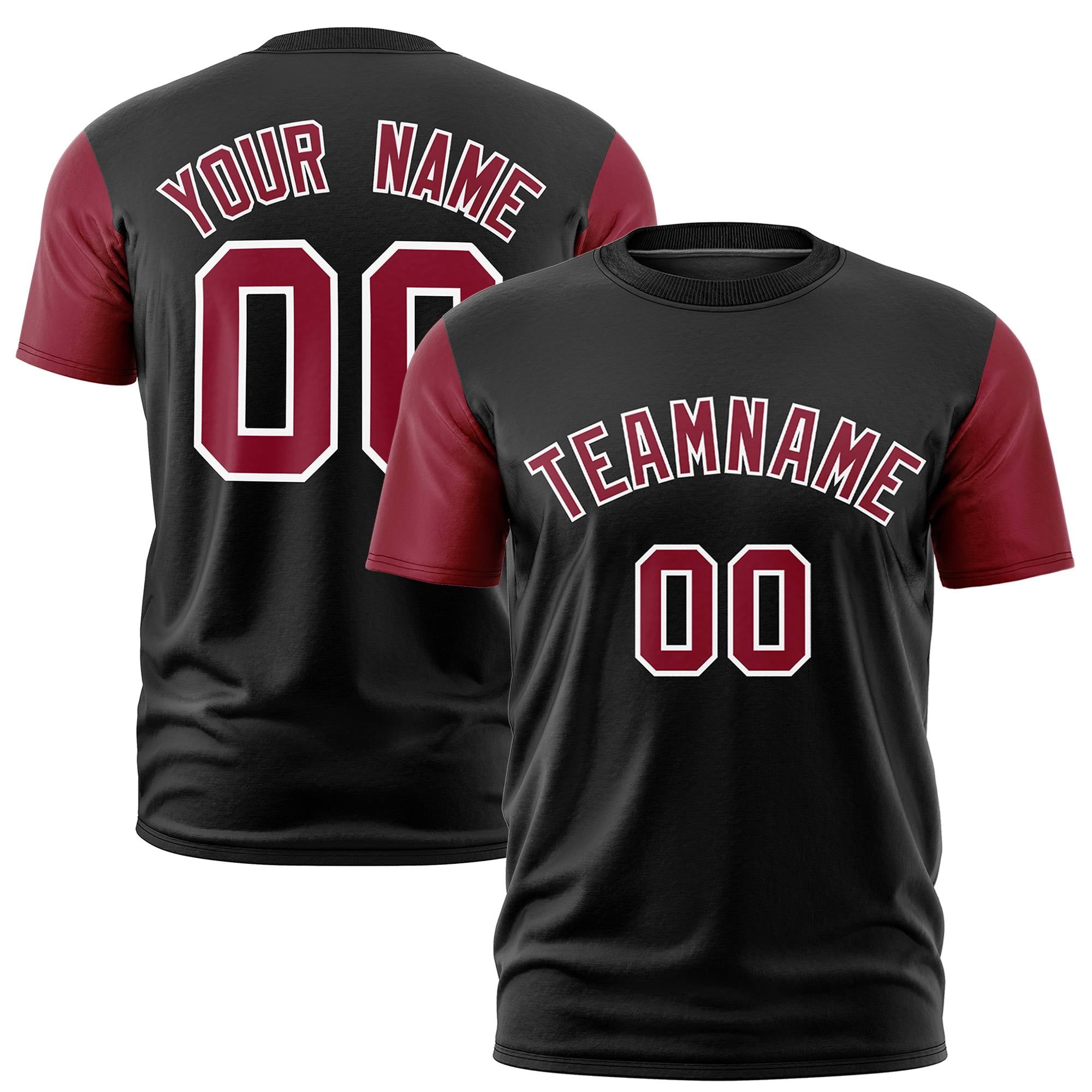 Custom Black Crimson White Crew Neck Personalized Raglan Sleeve Performance T-shirt